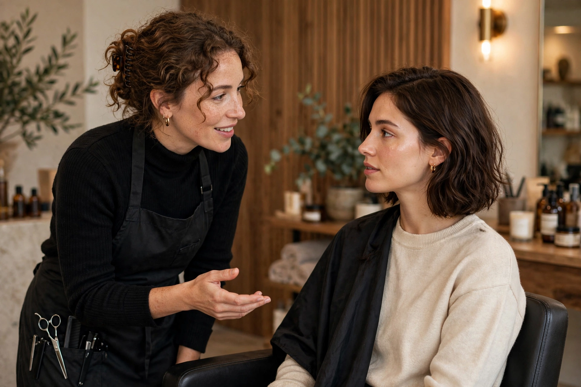 female stylist consulting with a woman client about a curtain crop, salon chair discussion