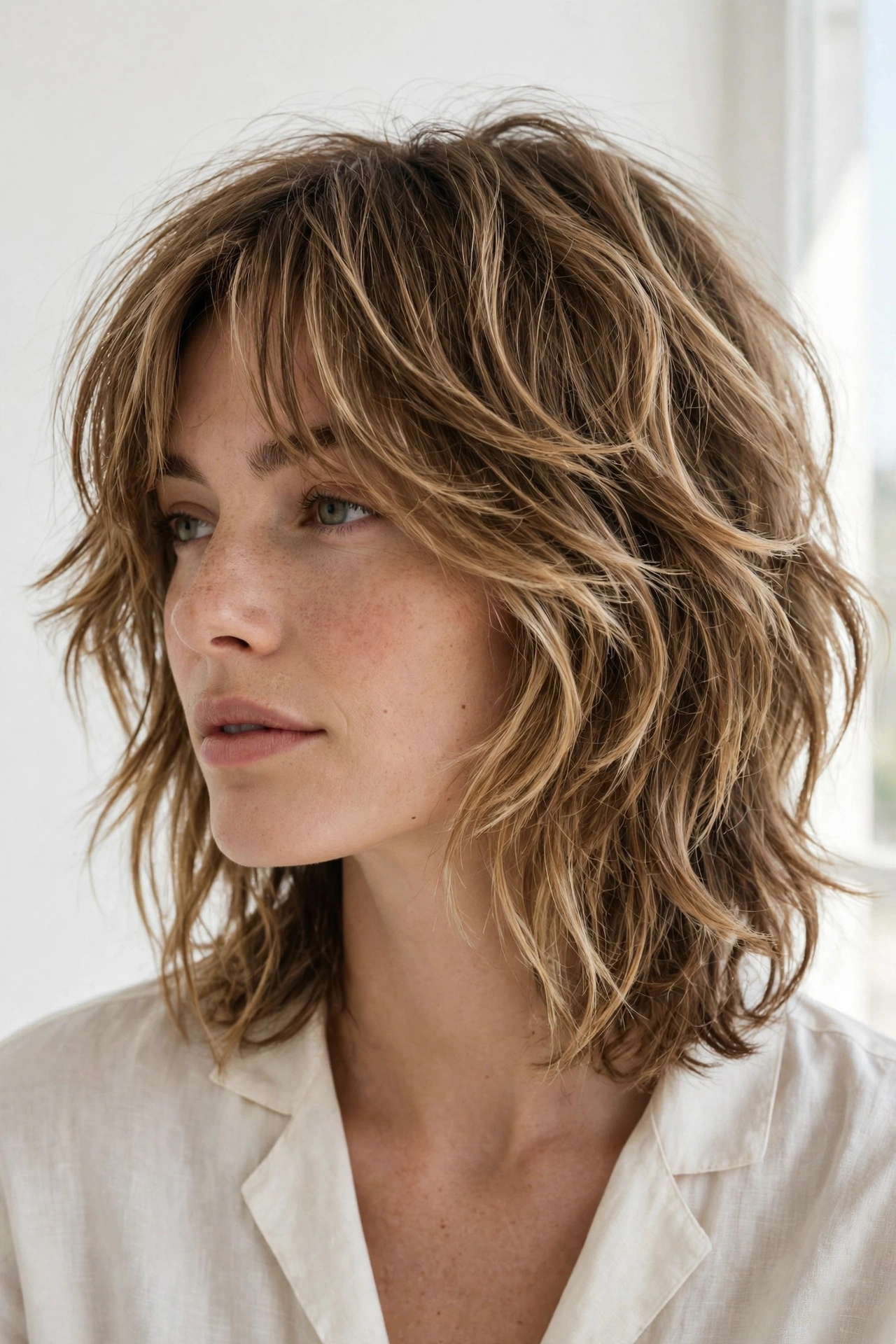 woman with a grown-out curtain crop, longer shaggy layers, relaxed effortless feel