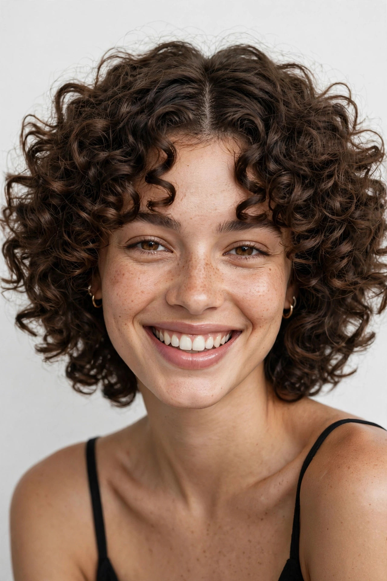 woman with a curly curtain crop, defined curls with middle part, joyful natural texture