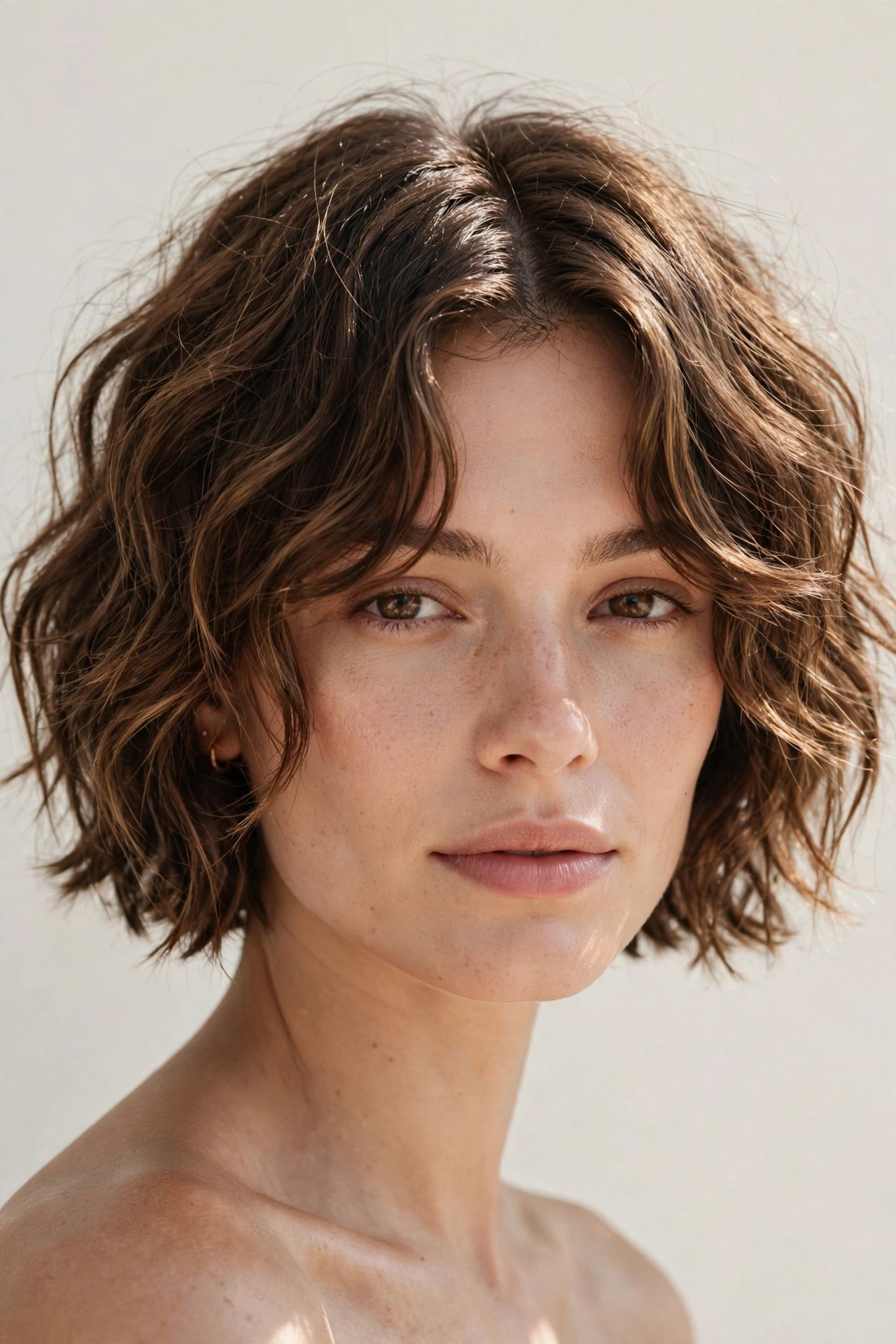woman with a wavy curtain crop, beachy texture, middle part, natural daylight