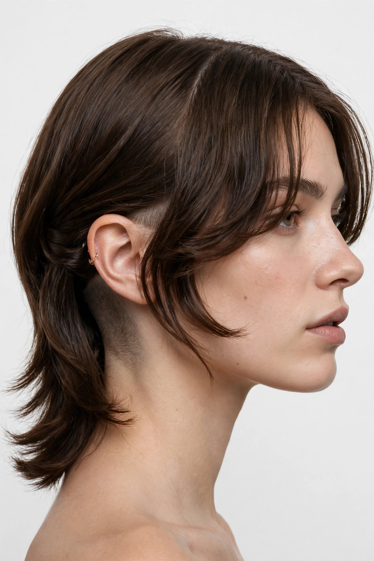 woman with a curtain crop featuring a hidden undercut at the nape, edgy salon photography