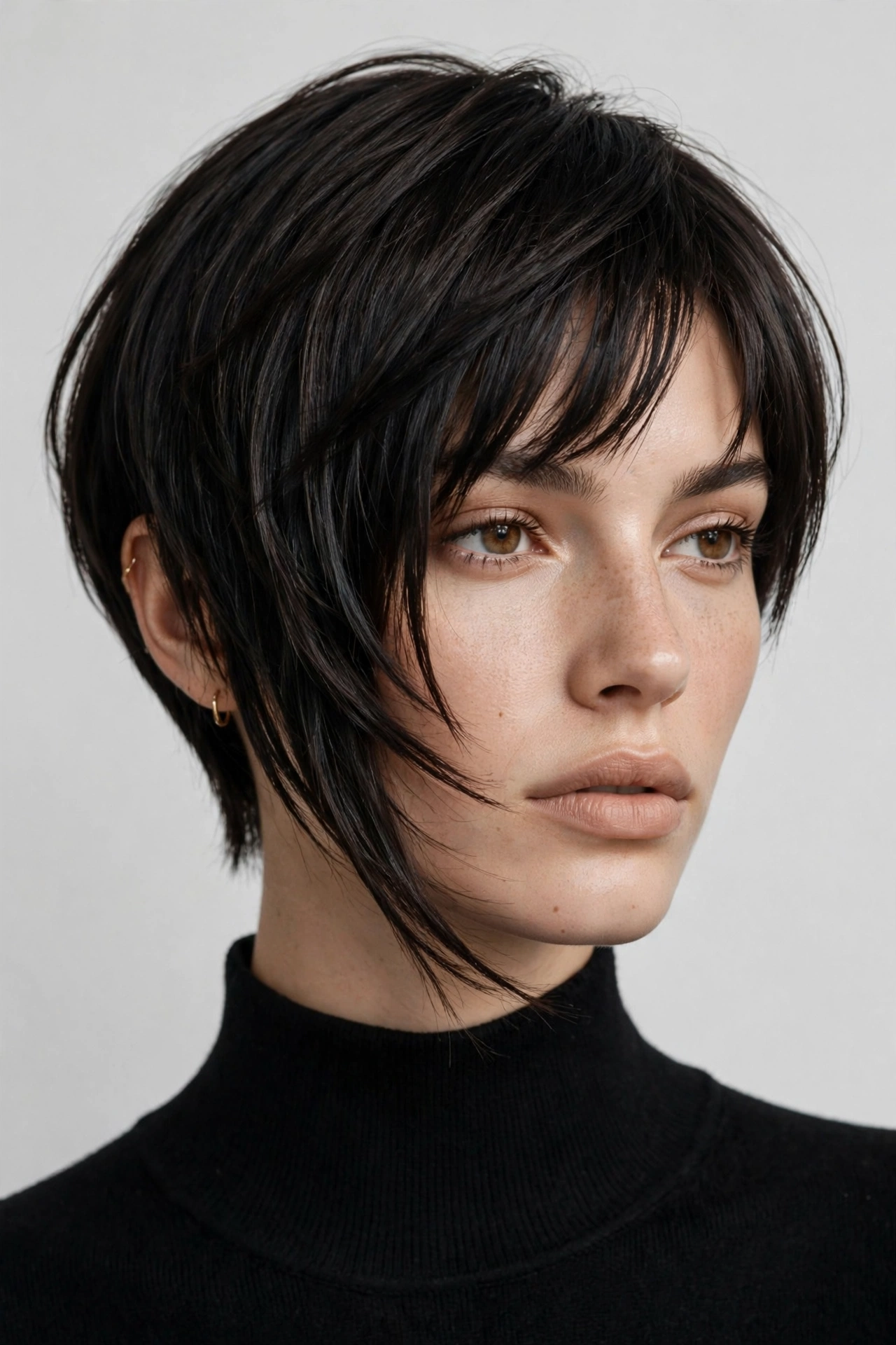 woman with an asymmetrical curtain crop, one side slightly longer, fashion-forward editorial