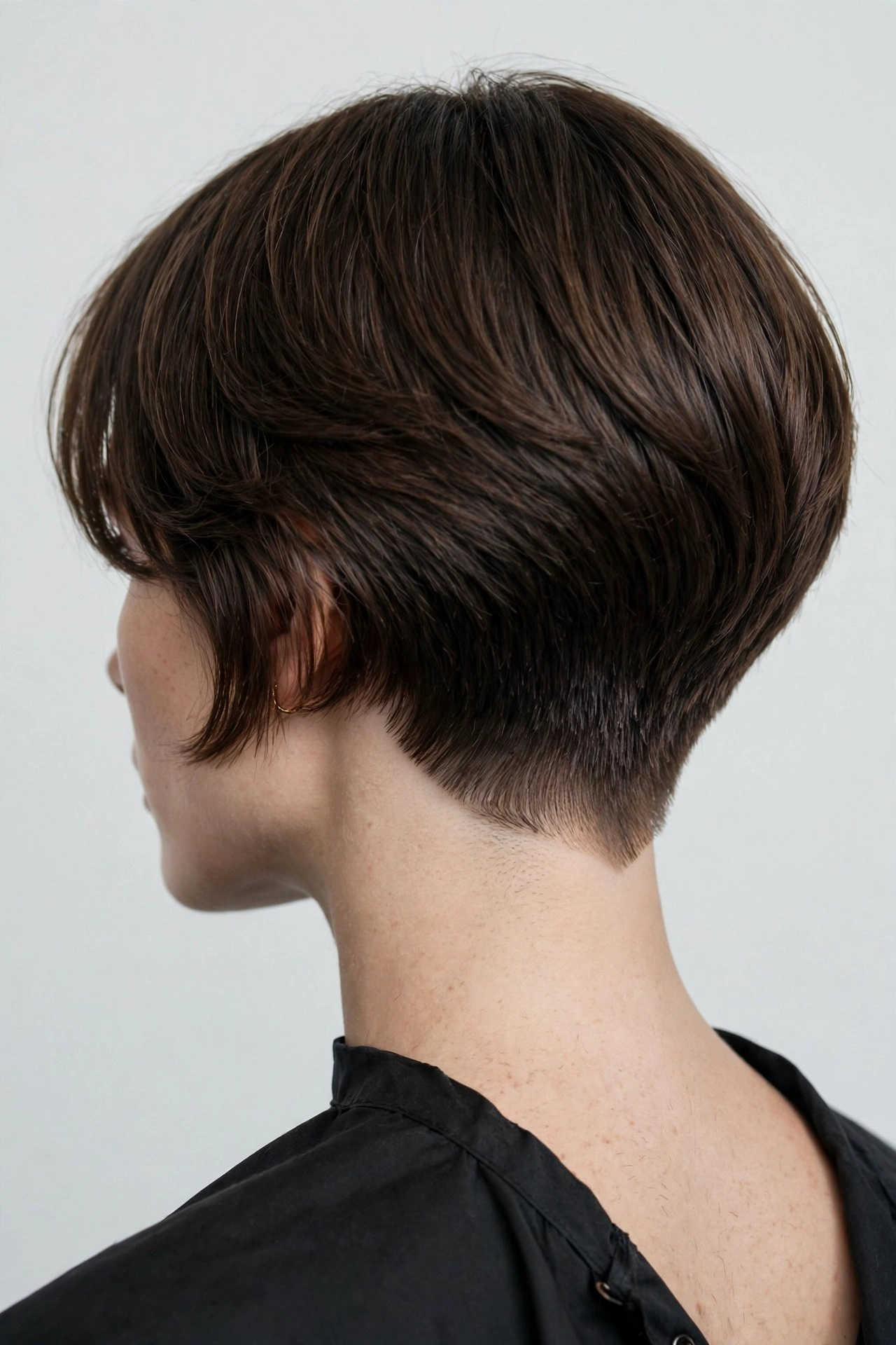 woman with a curtain crop showing a clean tapered nape, back view, salon photography