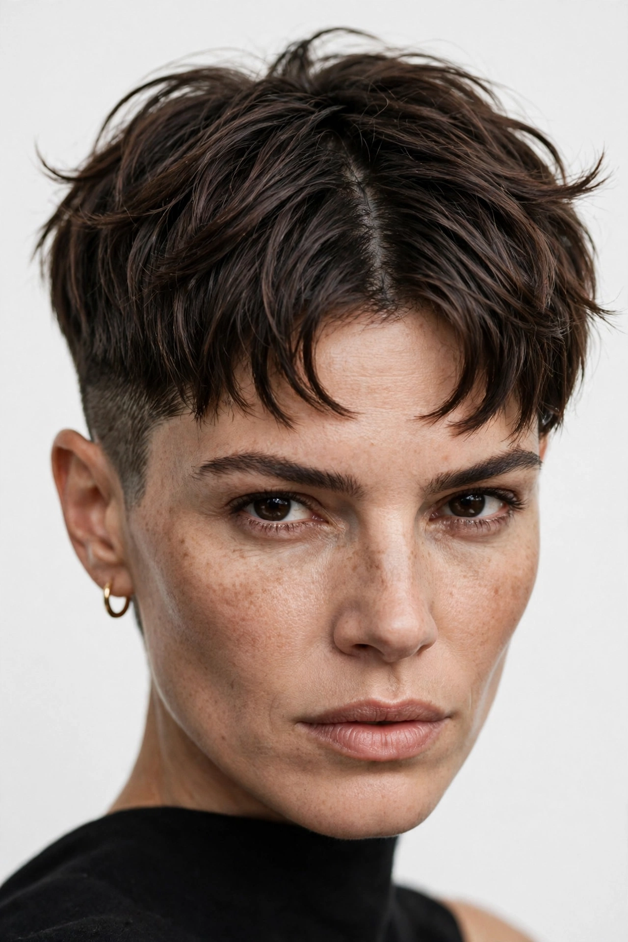 woman with a short pixie-length curtain crop, bold confident look, studio portrait