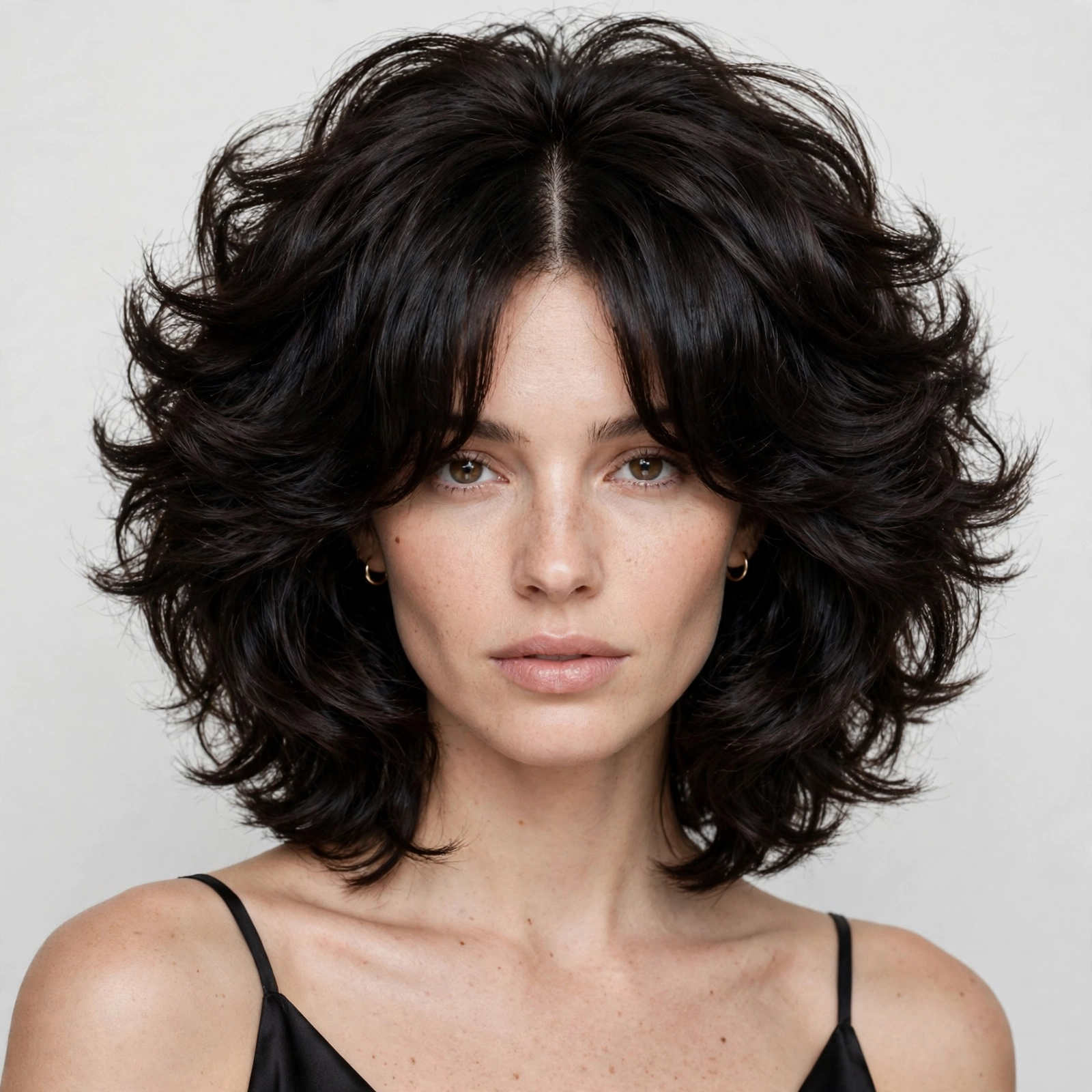 woman with thick hair in a curtain crop, debulked layers, rich volume, salon photo