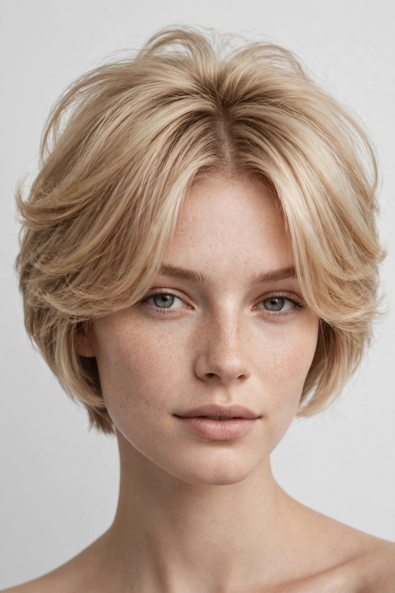 woman with fine hair in a curtain crop, fuller appearance, soft volume, studio lighting