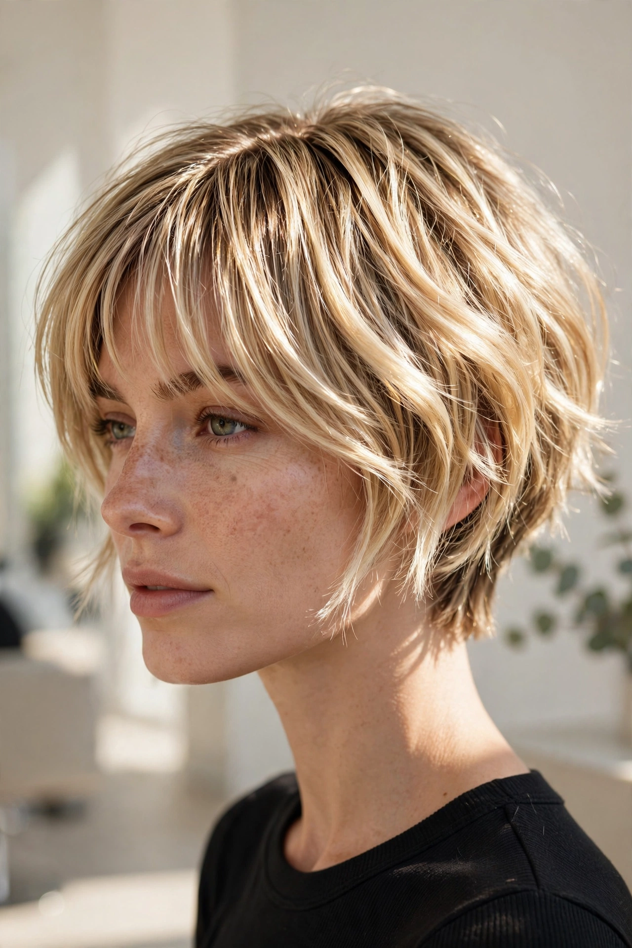 woman with a highlighted curtain crop, dimensional blonde highlights, sunlit salon photo