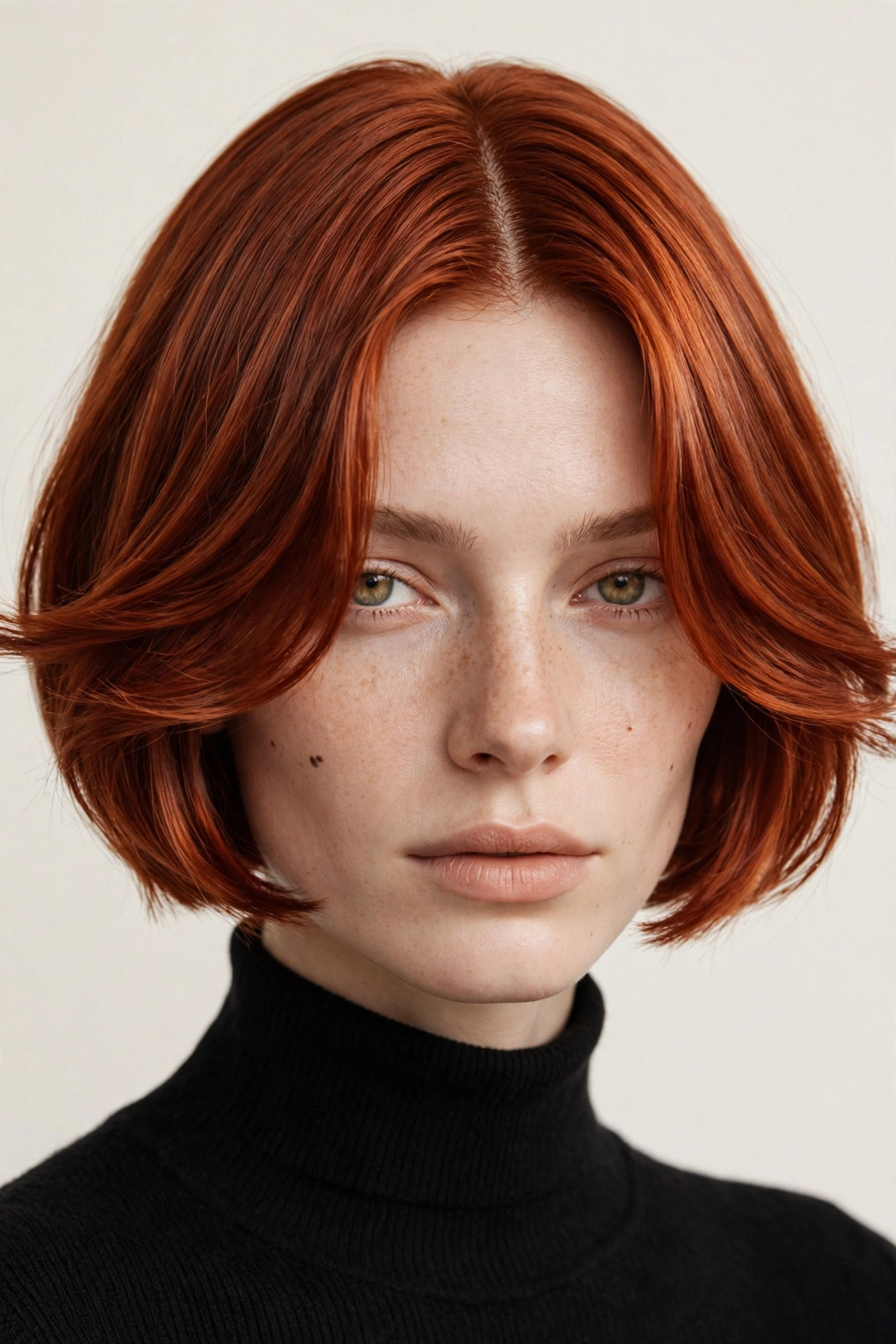 woman with a copper-red curtain crop, rich autumn color, glossy texture, editorial photo
