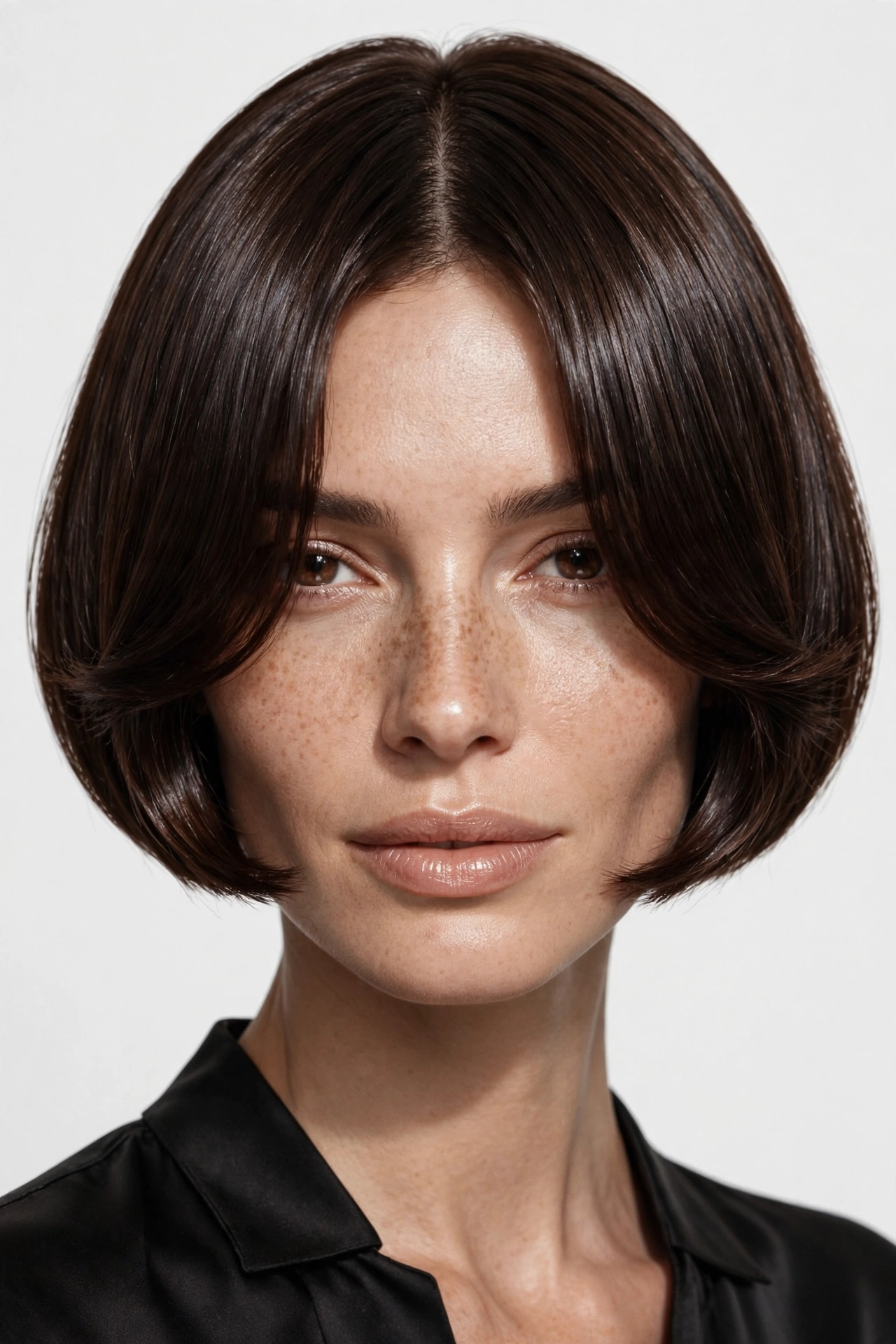 woman with a rich brunette curtain crop, chocolate brown shine, elegant salon portrait