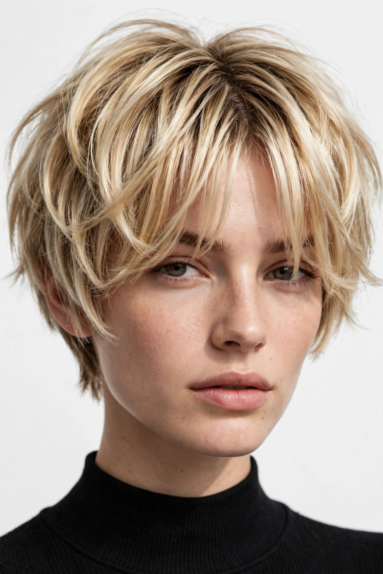 woman with a blonde curtain crop, bright dimensional blonde, fresh modern look