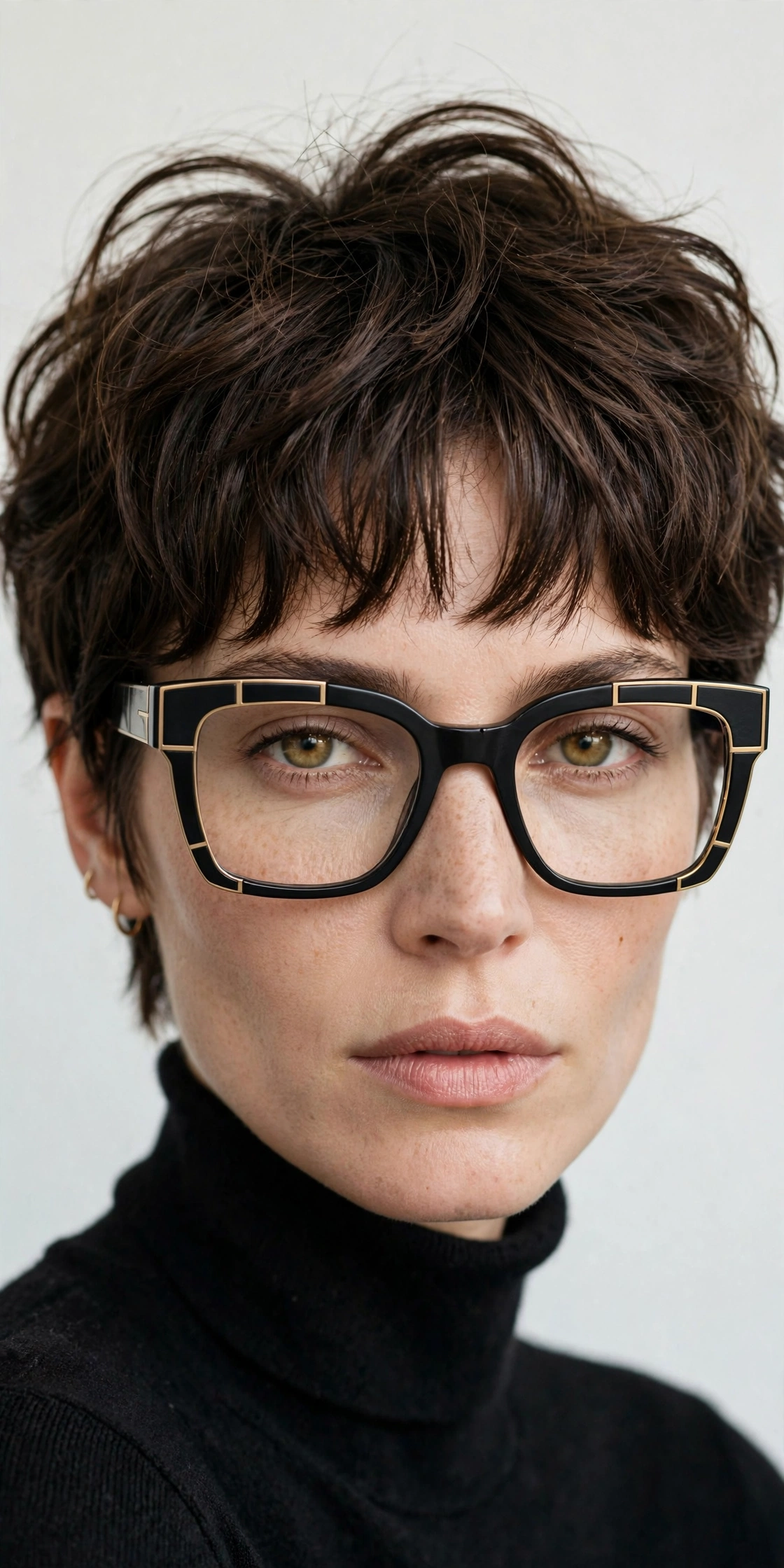 woman wearing stylish glasses with a curtain crop, chic intellectual look, studio portrait