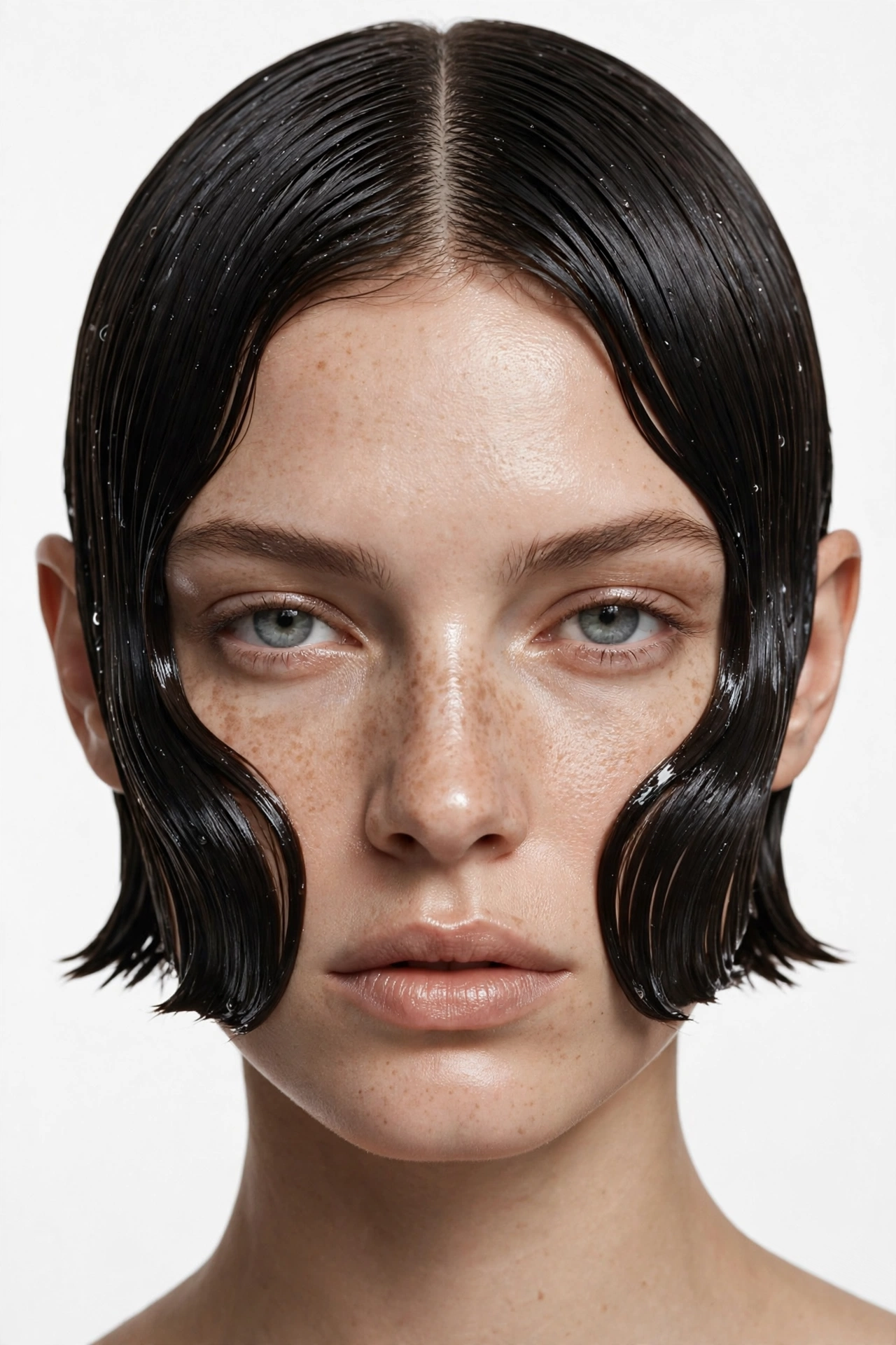 woman with a wet-look styled curtain crop, sleek glossy finish, high-fashion editorial