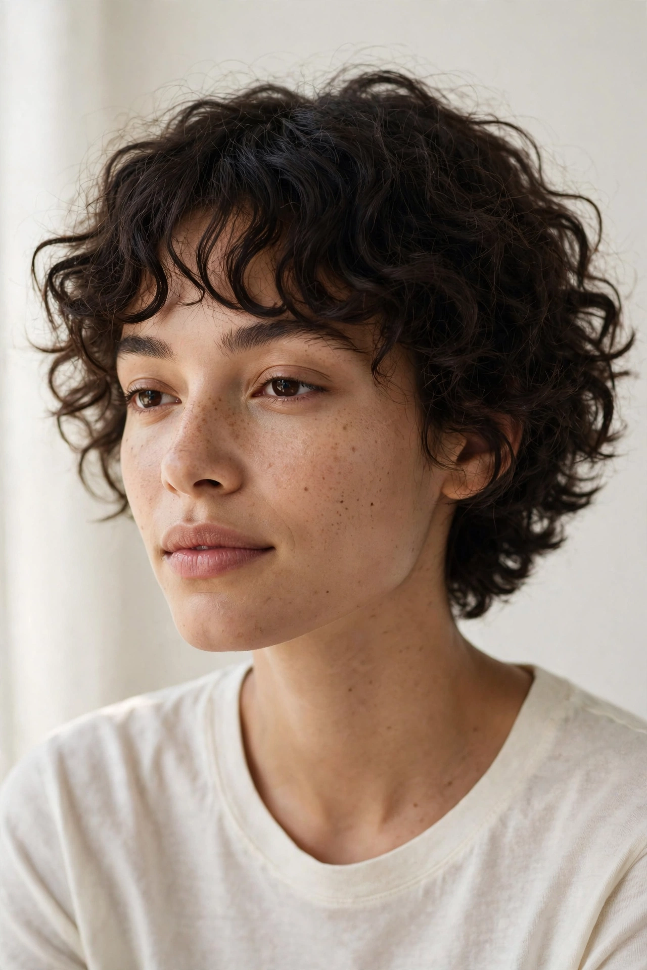 woman with an easy wash-and-go curtain crop, natural texture, relaxed morning look