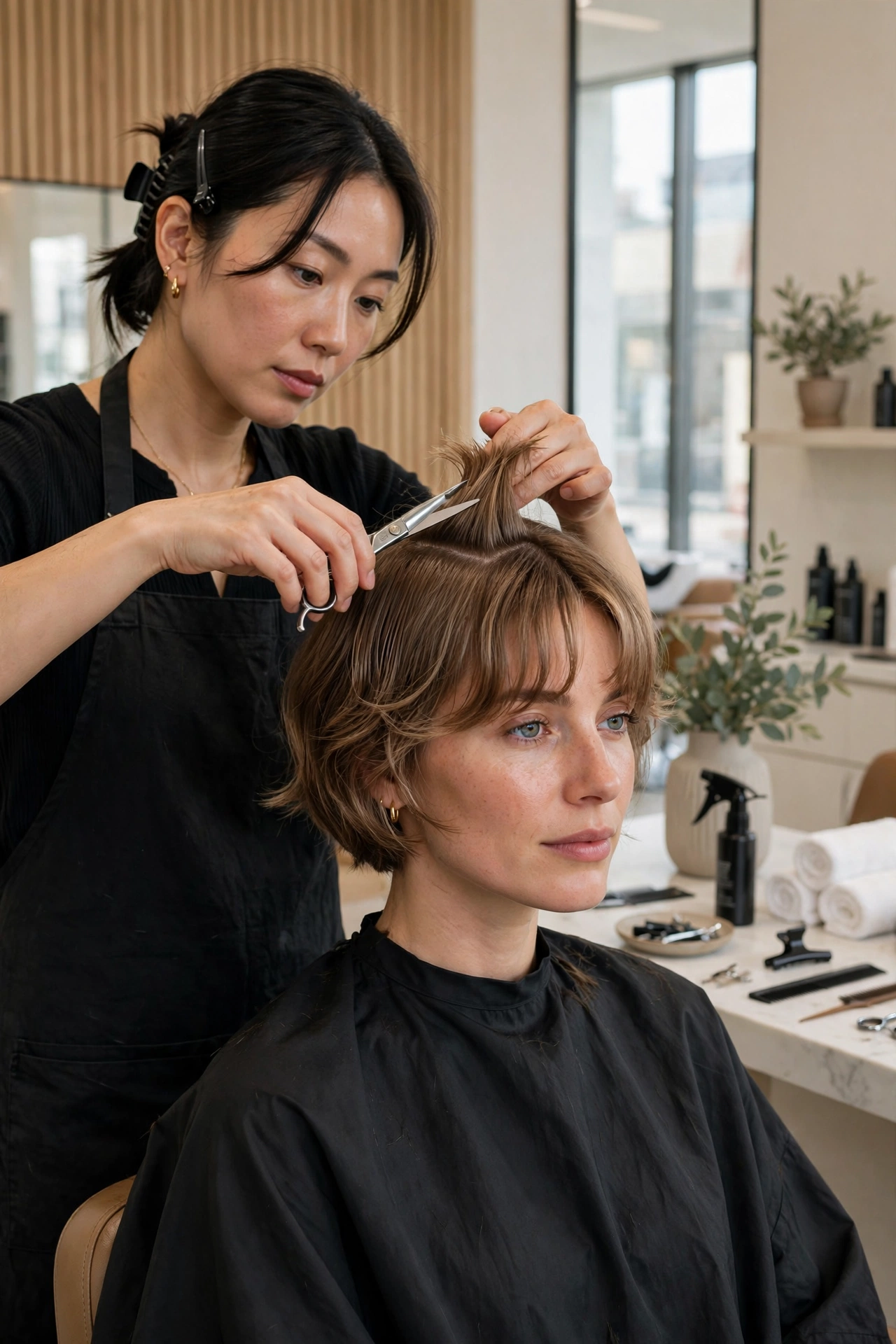 stylist trimming a woman's curtain crop with scissors, maintenance appointment