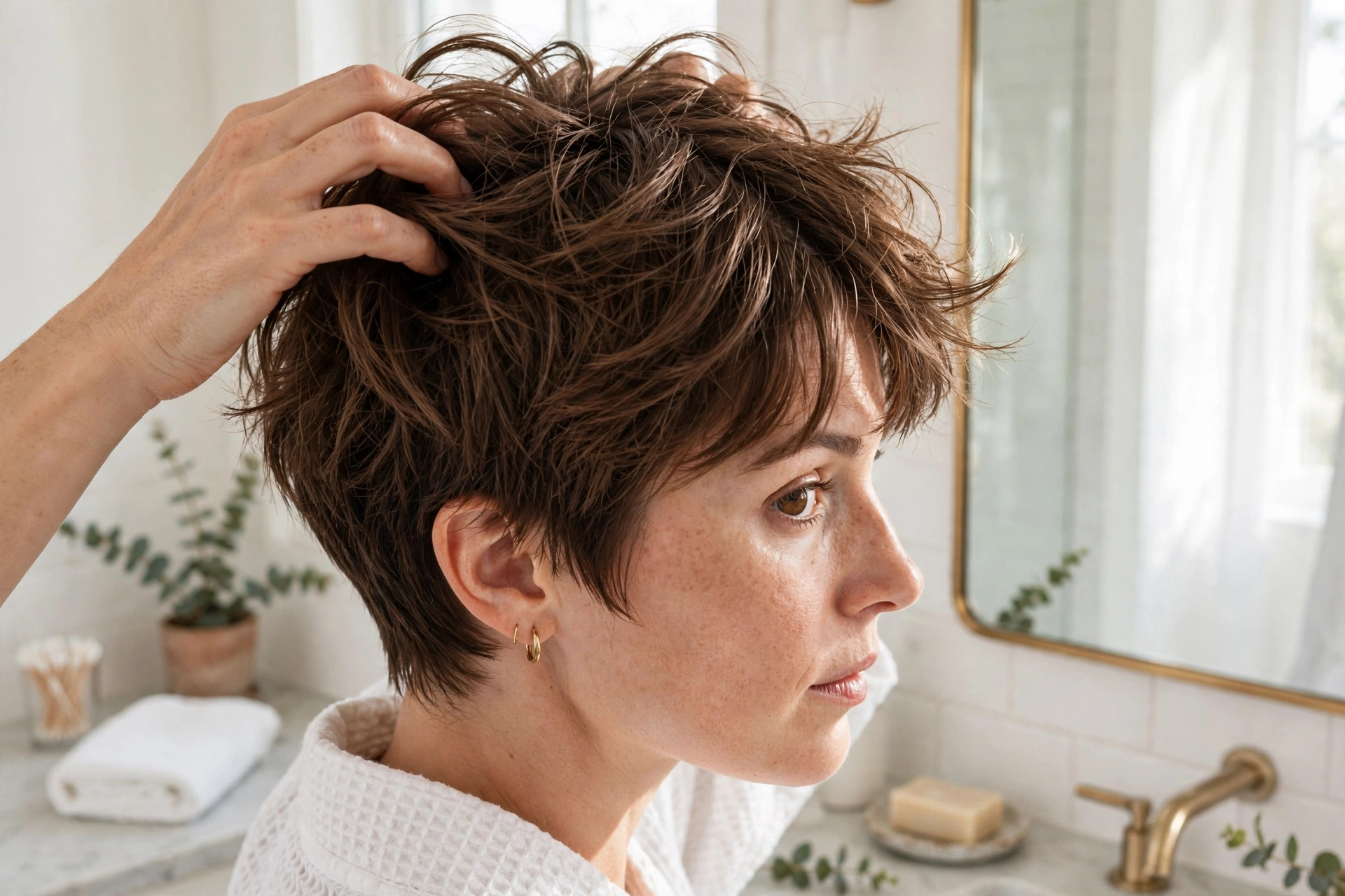 woman styling her curtain crop at home with fingers and styling cream, bathroom mirror