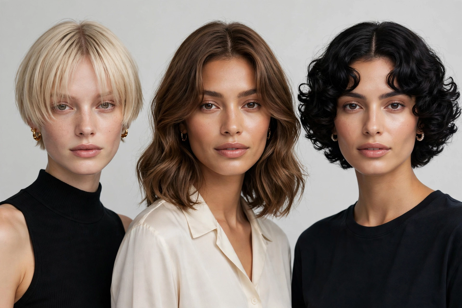 three women showing different curtain crop variations, editorial hair photography