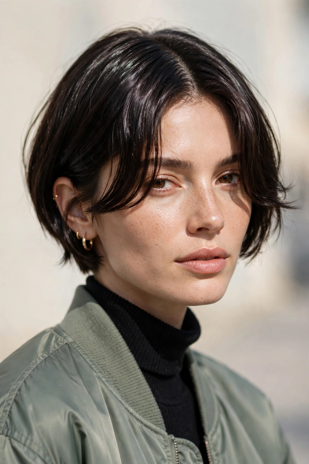 stylish woman with a curtain crop at a salon, fall 2026 fashion feel
