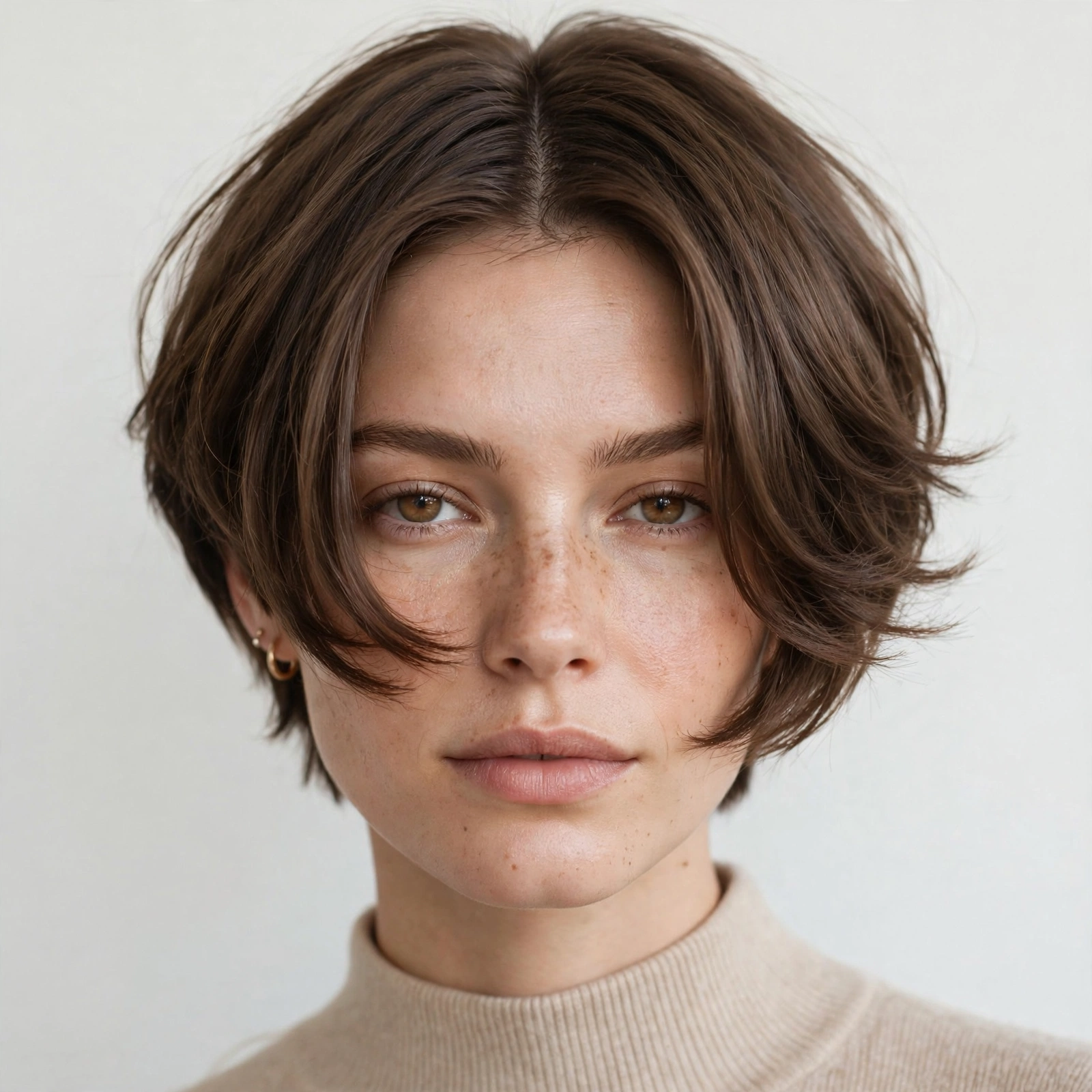 woman with a classic curtain crop, floppy middle part and cheekbone-sweeping panels, salon portrait