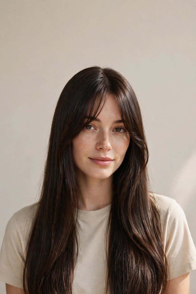 Sleek straight curtain bangs with long layered hair