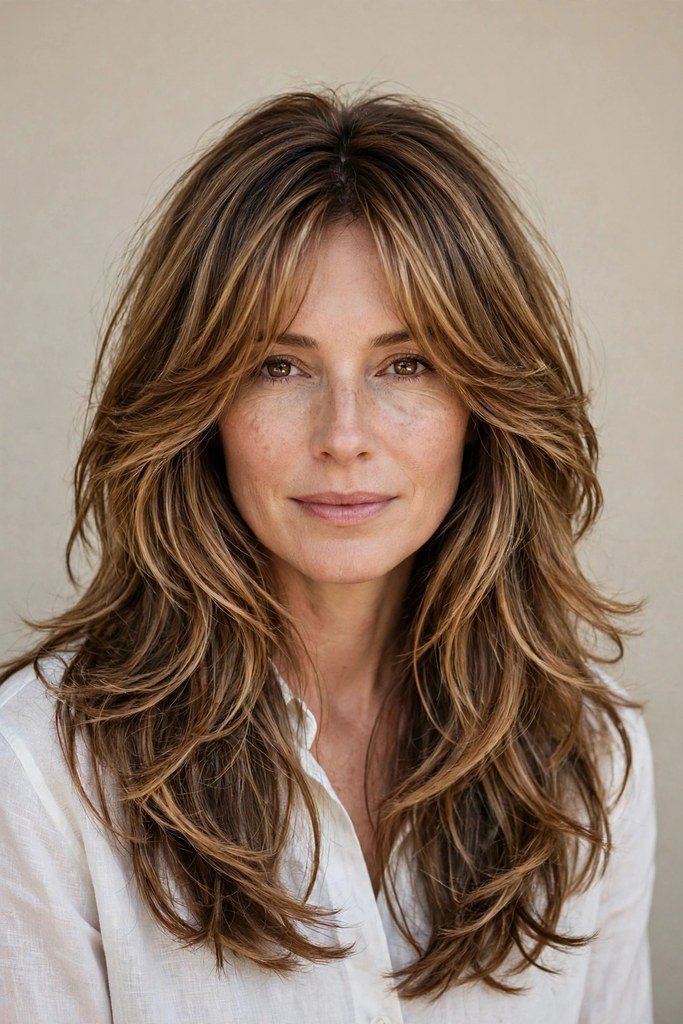 Beachy waves with curtain bangs and long layered hair