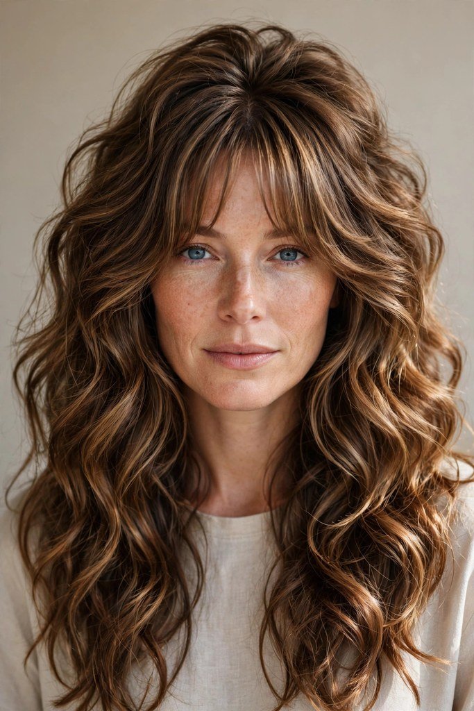 Half-up half-down style with curtain bangs