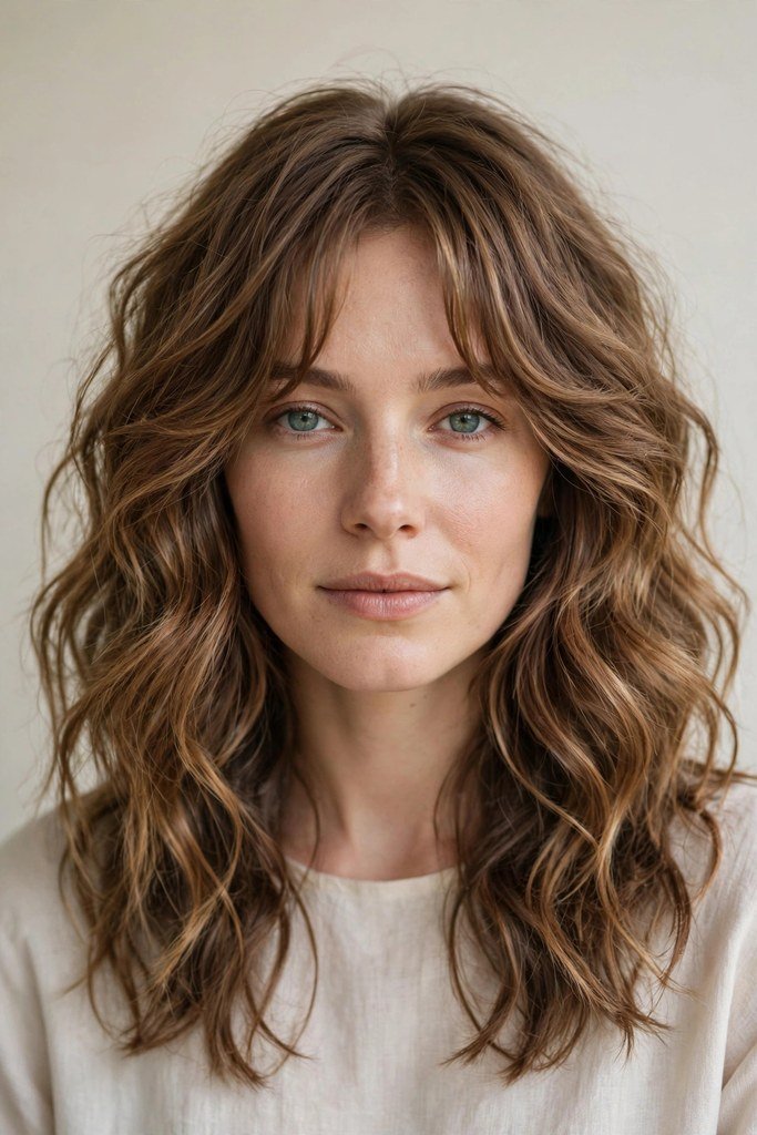 Low bun with curtain bangs framing the face
