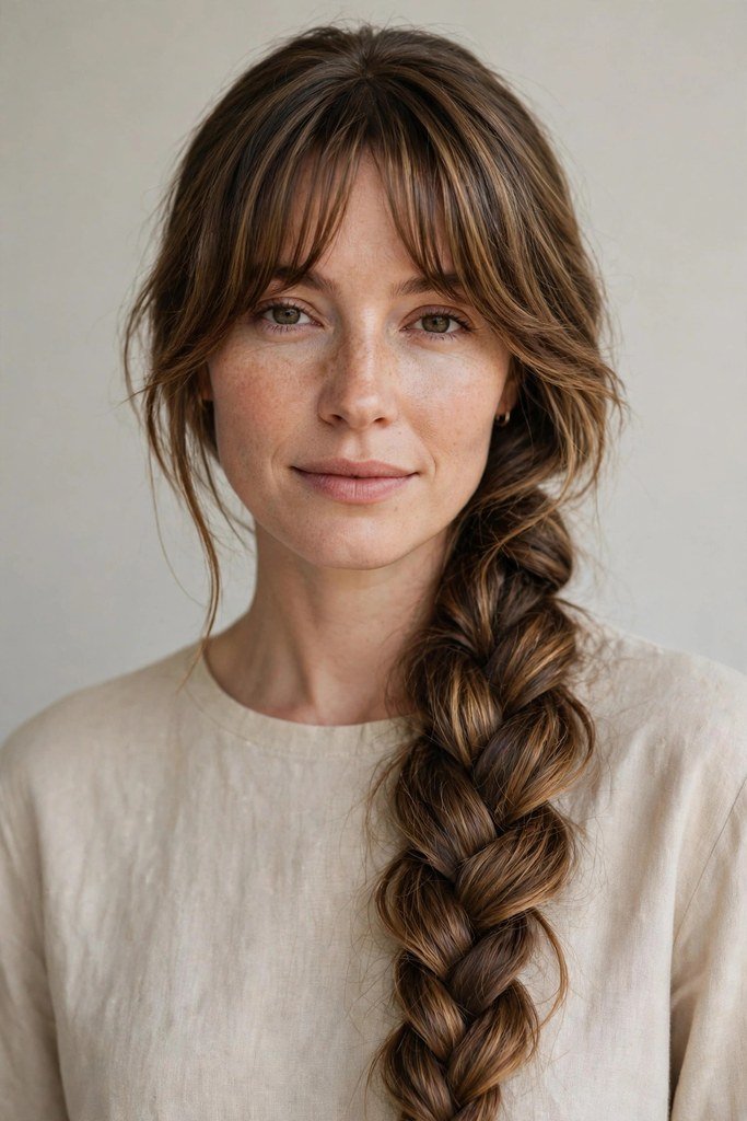 Wet-look slicked layers with curtain bangs