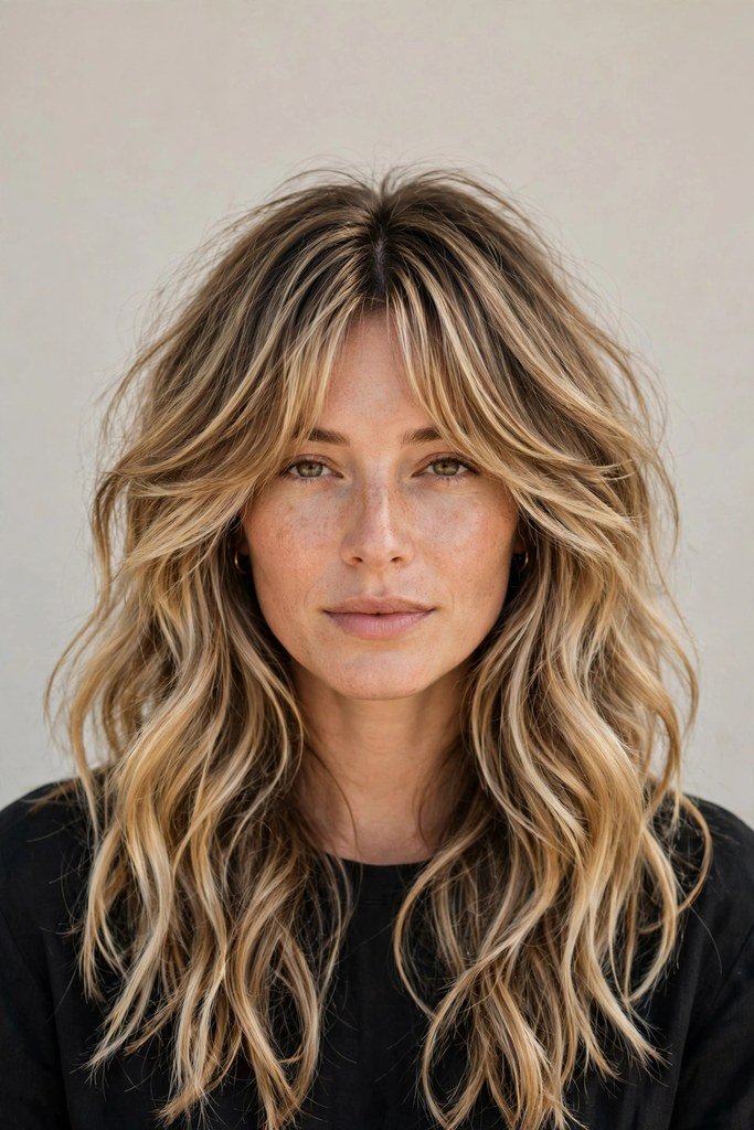 Curtain bangs with long layered hair