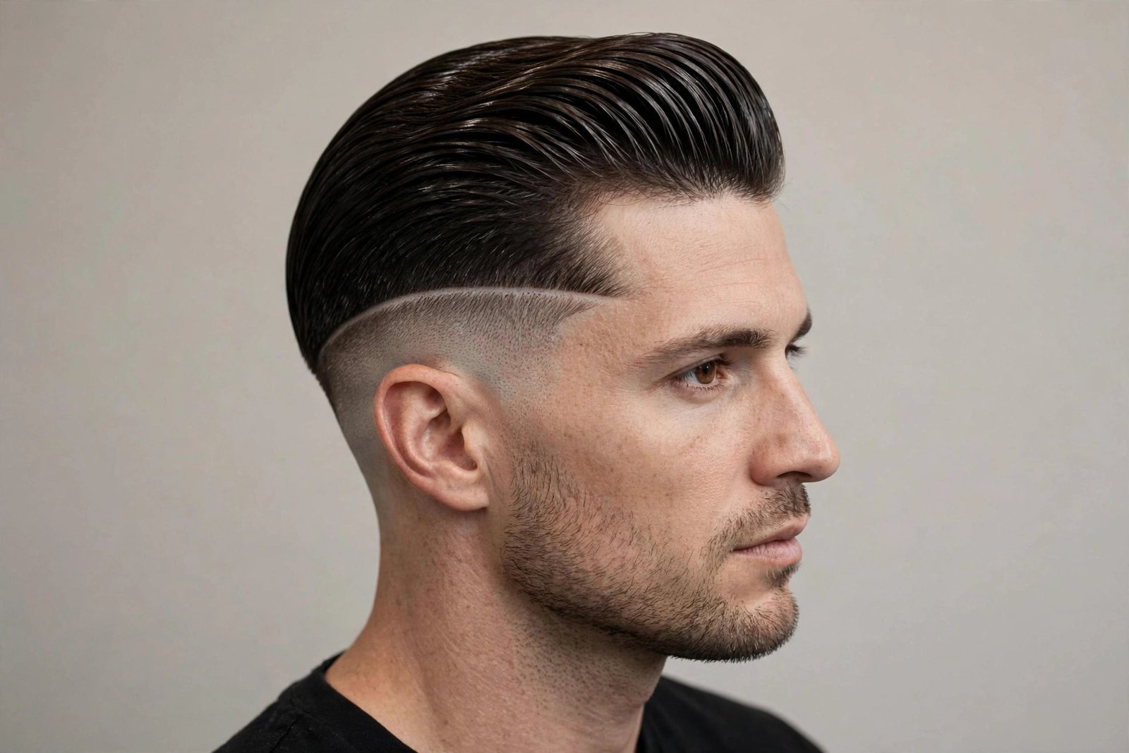 Classic slicked disconnected undercut men with glossy top and razor-sharp disconnect line