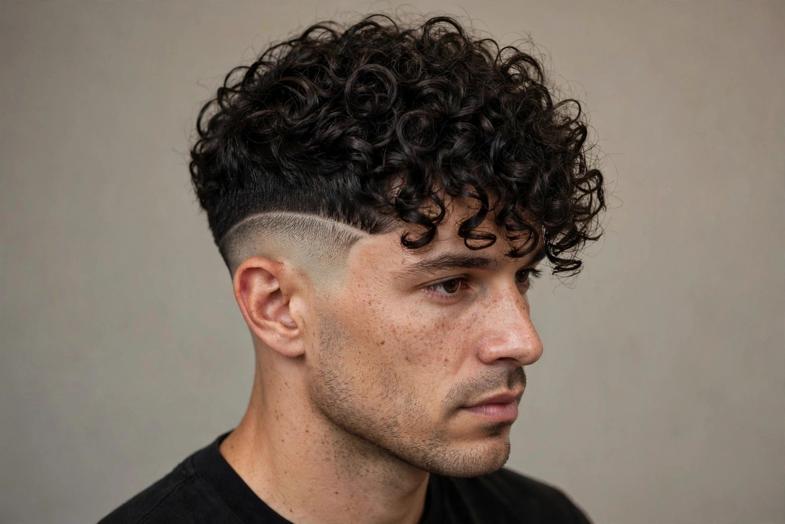 Curly top disconnected undercut men with defined curls over faded sides