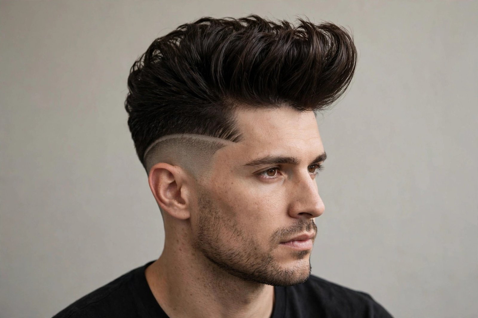 Pompadour disconnected undercut men with tall voluminous front and skin faded sides