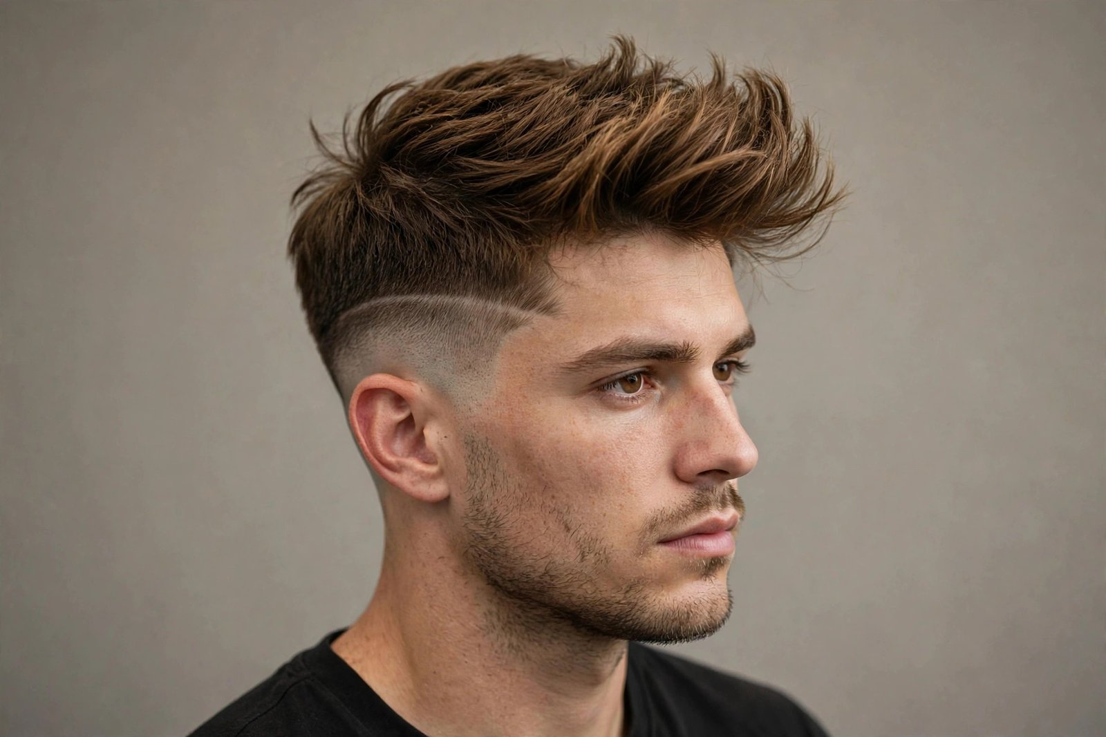 Modern quiff disconnected undercut men with brushed-up fringe over faded sides