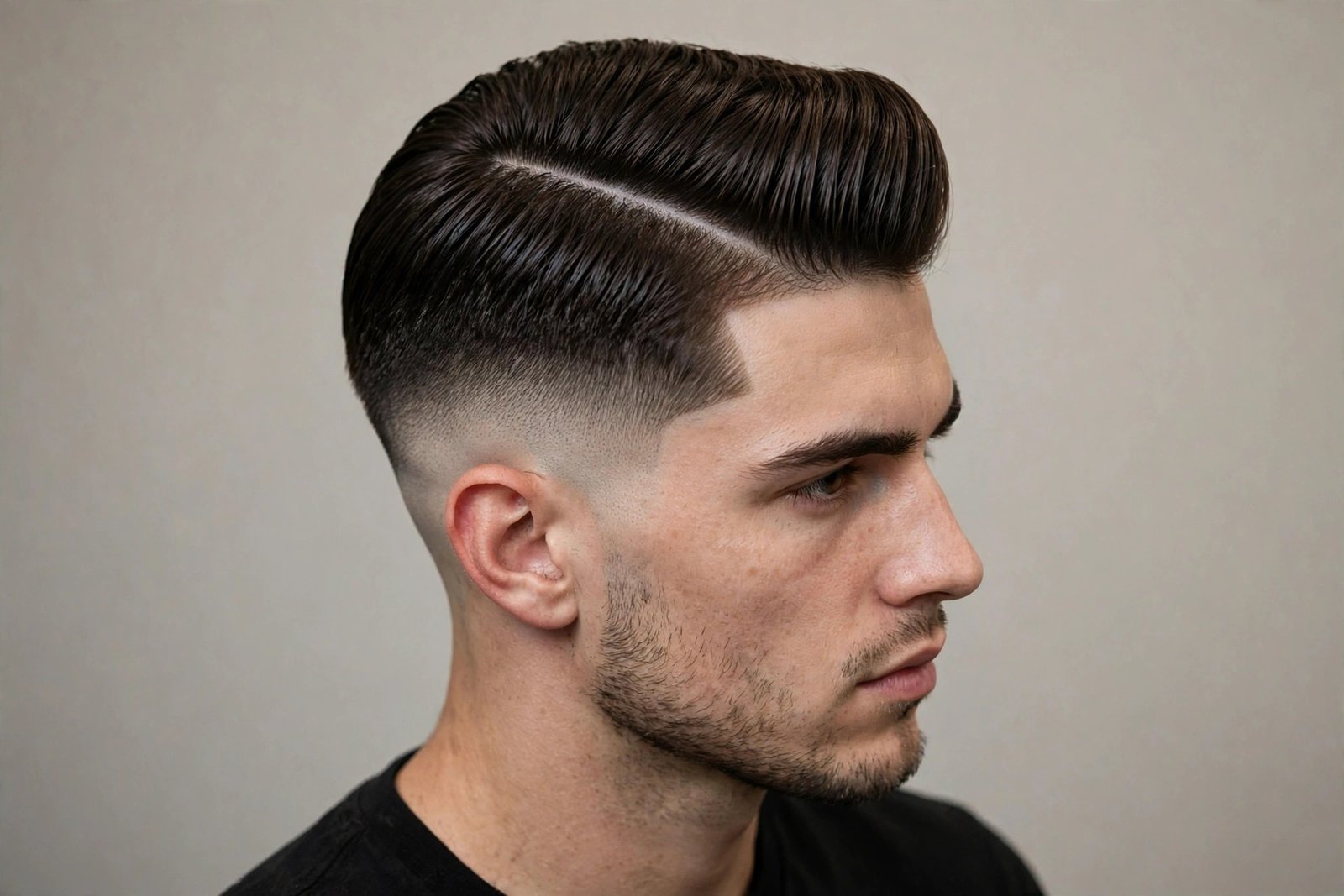 Hard part disconnected undercut men with shaved part line and combed top
