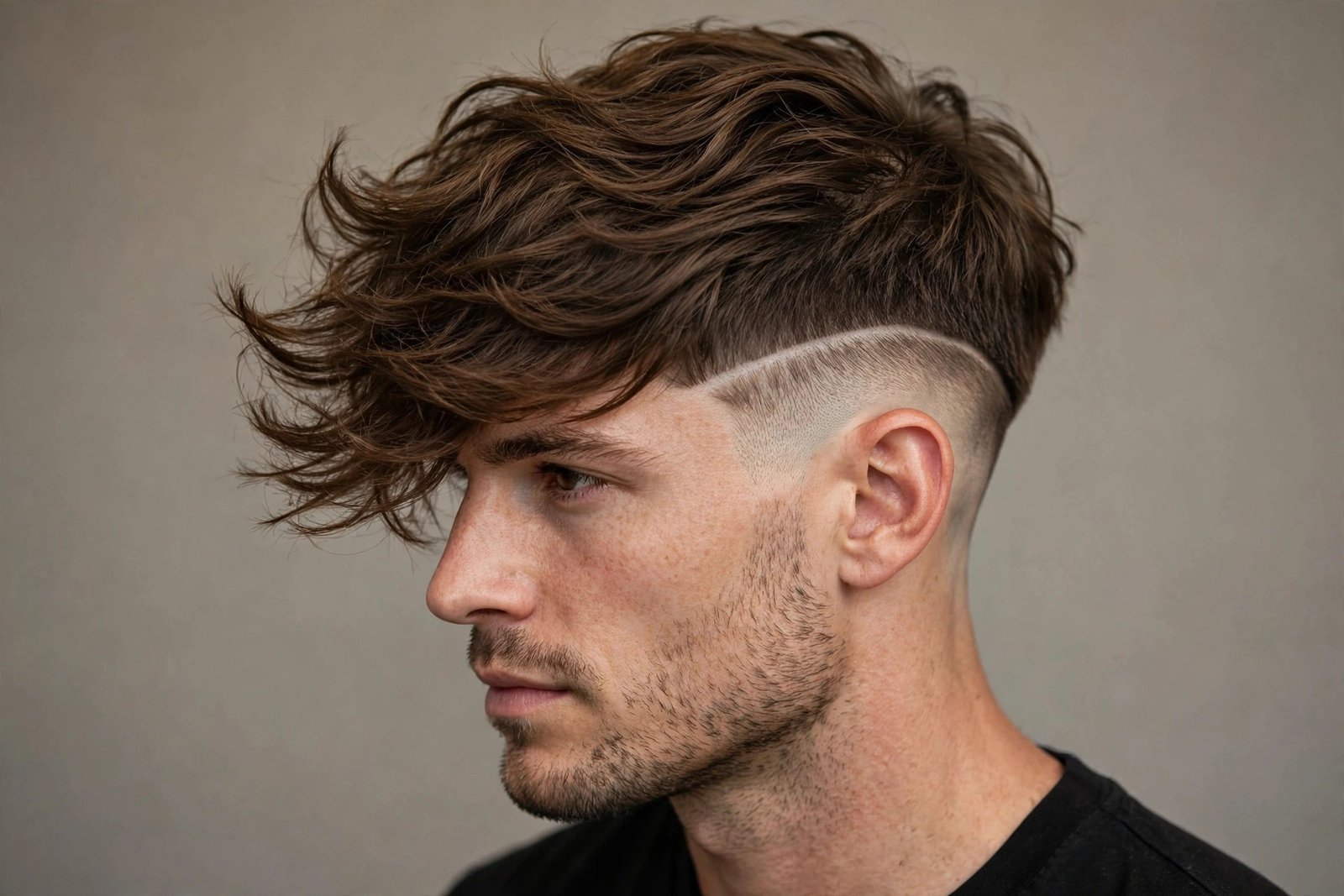 Side-swept disconnected undercut men with long top swept across forehead