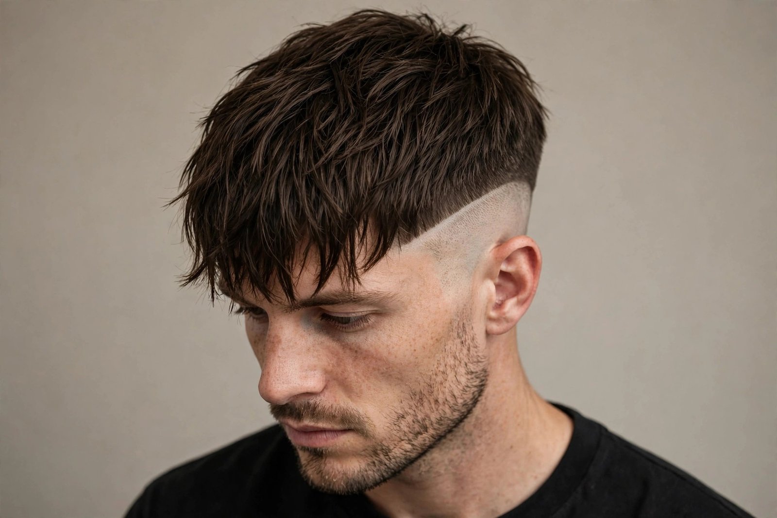 Forward fringe disconnected undercut men with textured fringe over forehead