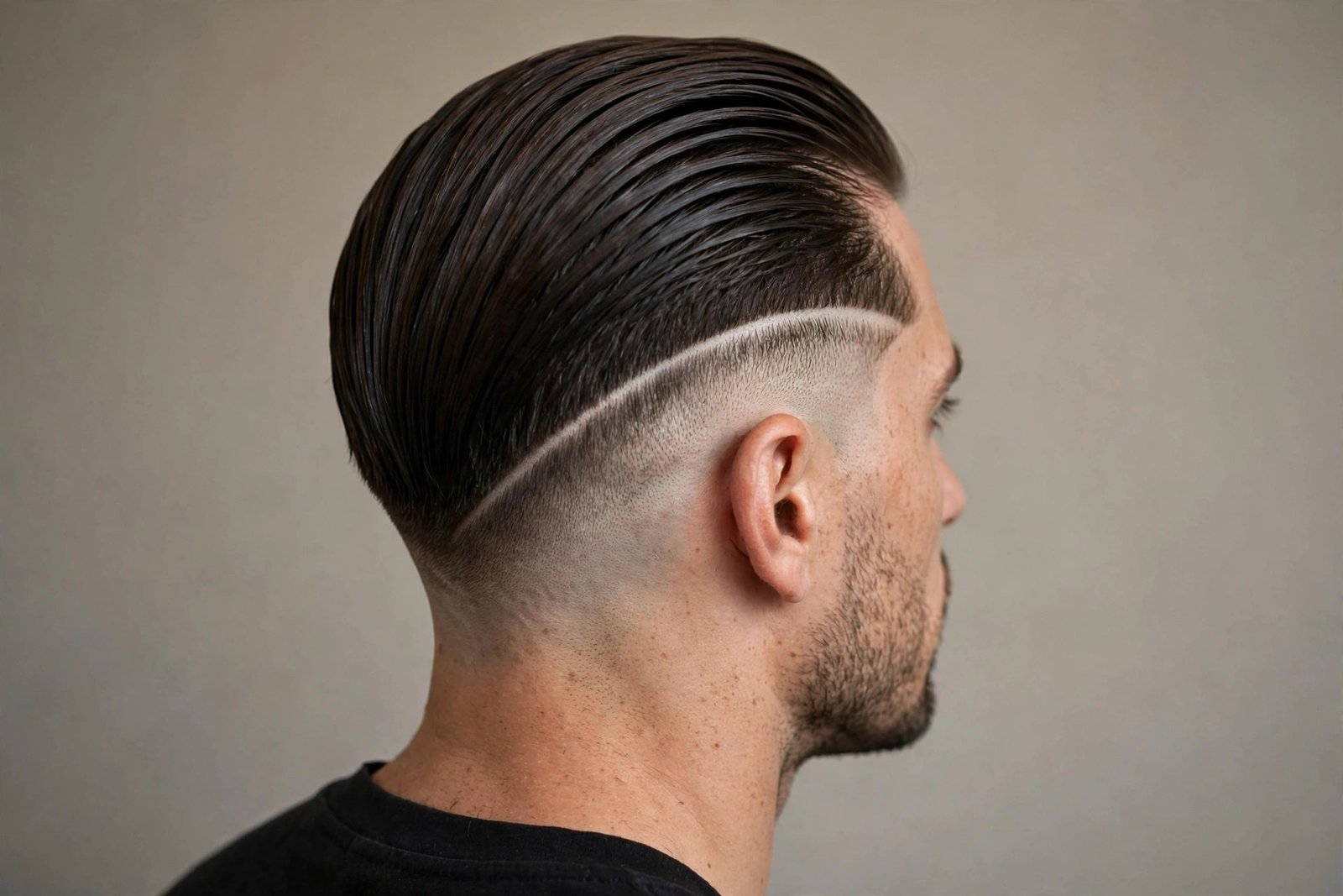 Slicked-back modern disconnected undercut men with long glossy top
