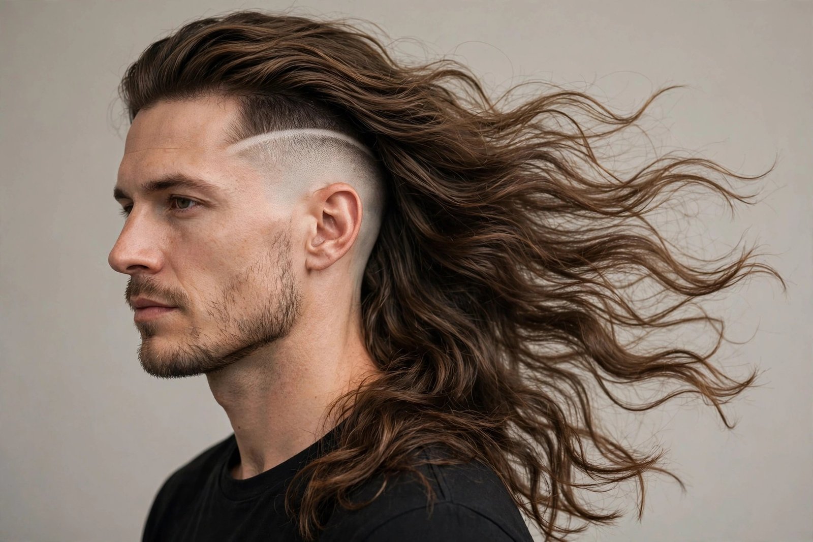 Long flowing disconnected undercut men with loose top over hard line