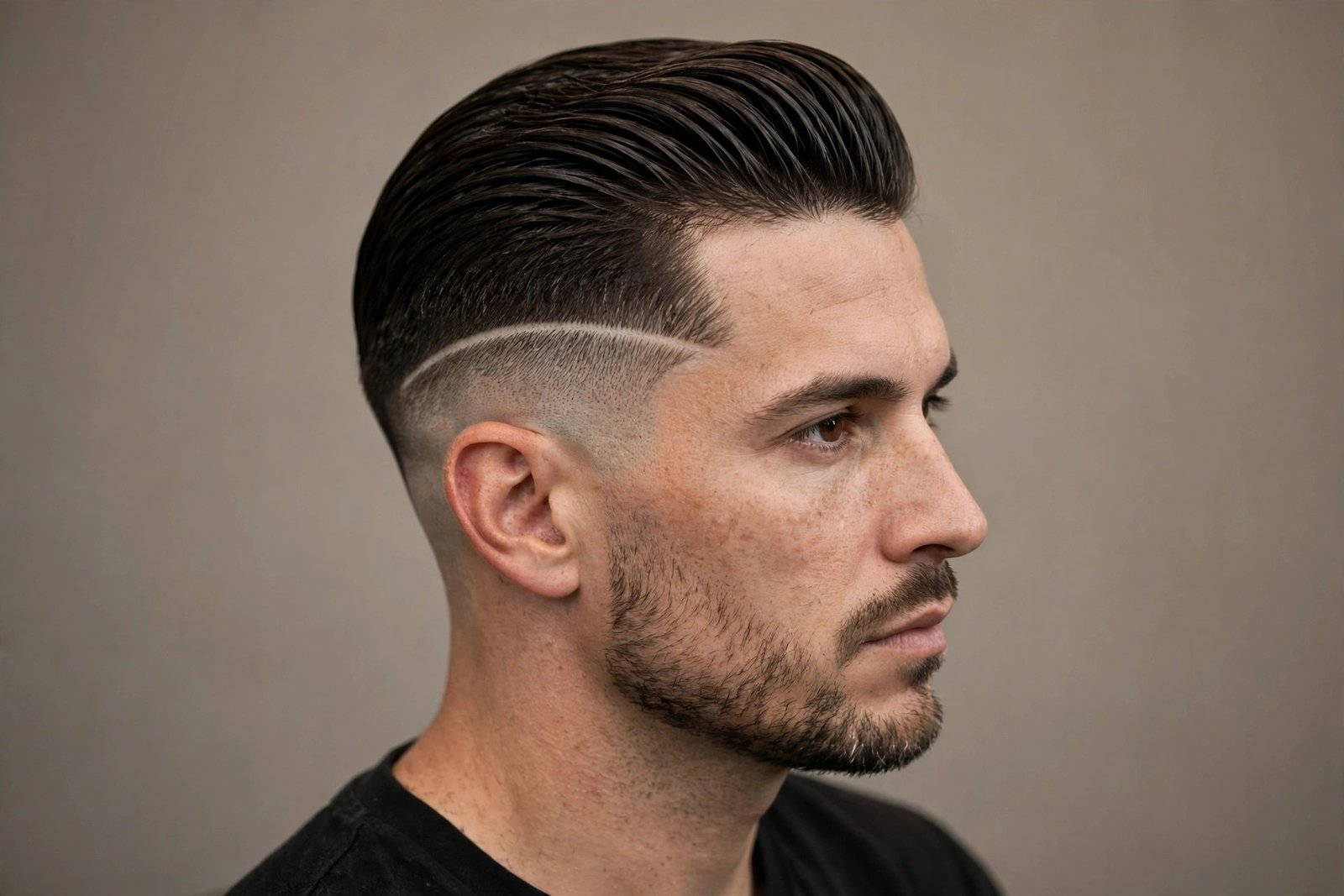 Etched line disconnected undercut men with shaved design detail in faded side