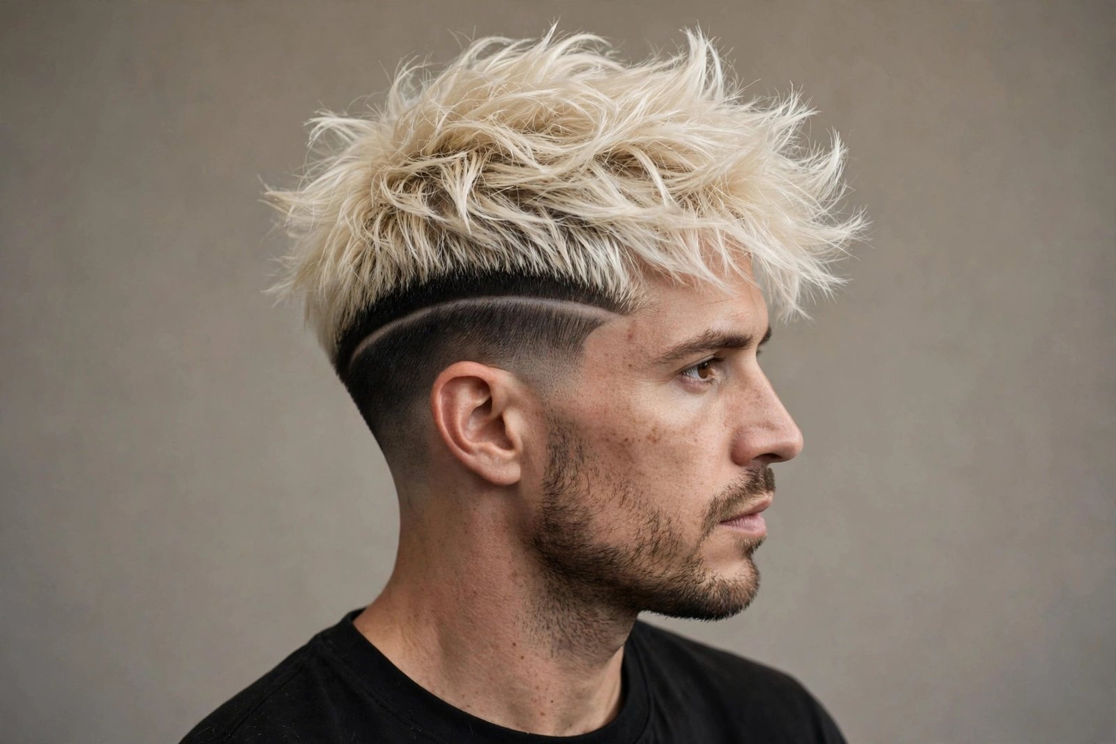 Platinum blonde disconnected undercut men with bleached top and dark faded sides