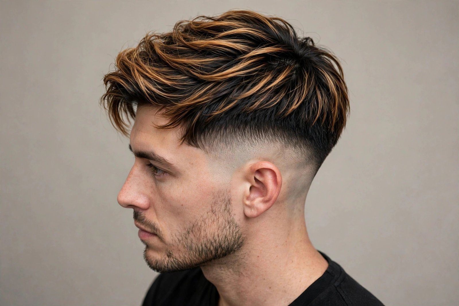 Two-tone disconnected undercut men with highlighted top over faded sides