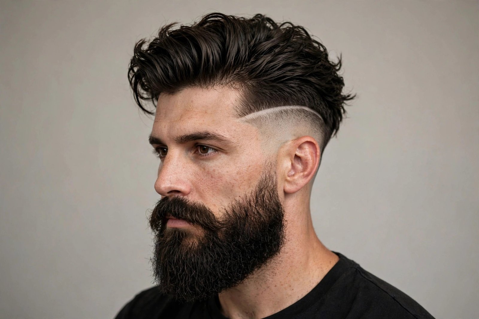 Beard-paired disconnected undercut men with full beard and sharp disconnect