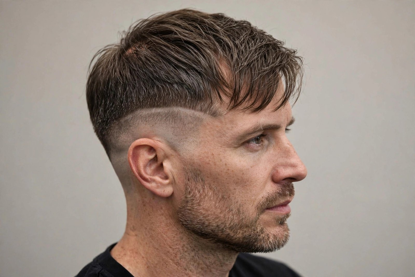 Hairline-friendly disconnected undercut men with forward textured top