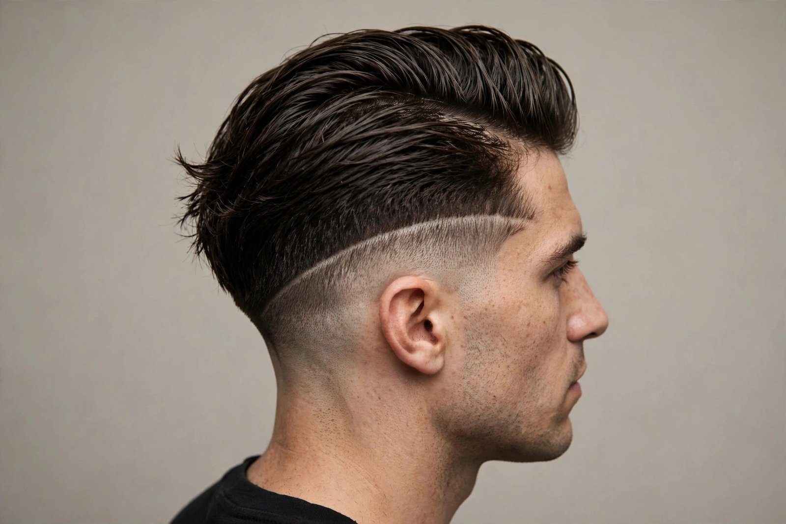 Disconnected undercut men haircut with slicked-back top and sharp disconnect line above faded sides
