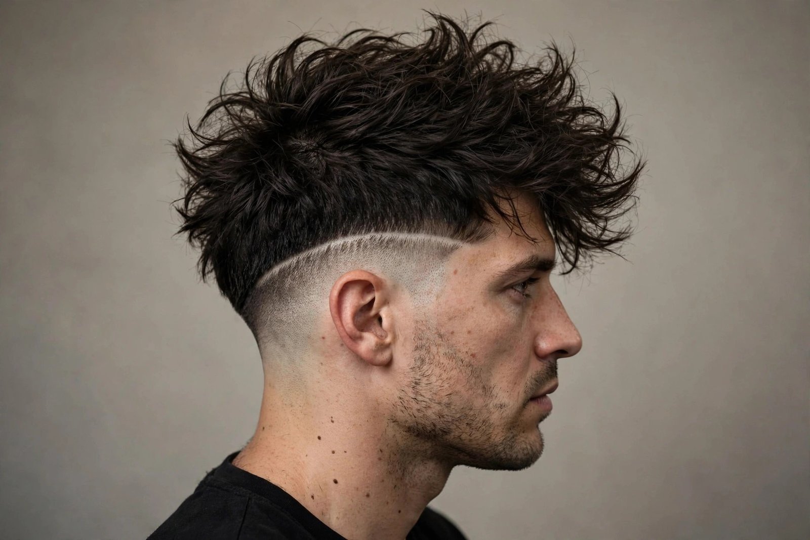 Textured disconnected undercut men style with tousled top and crisp disconnect line