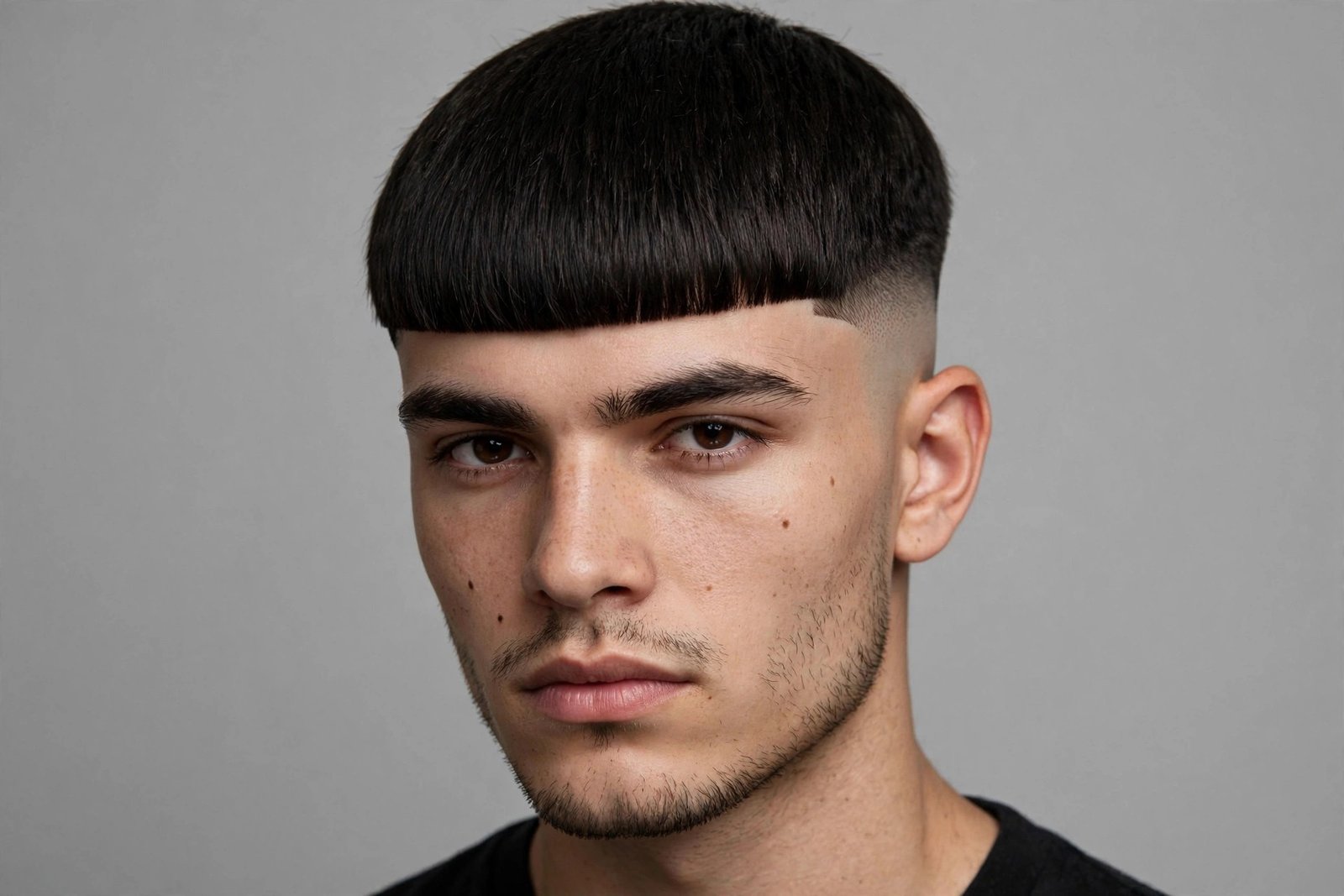 Edgar cut men with skin fade sides and sharp blunt fringe contrast