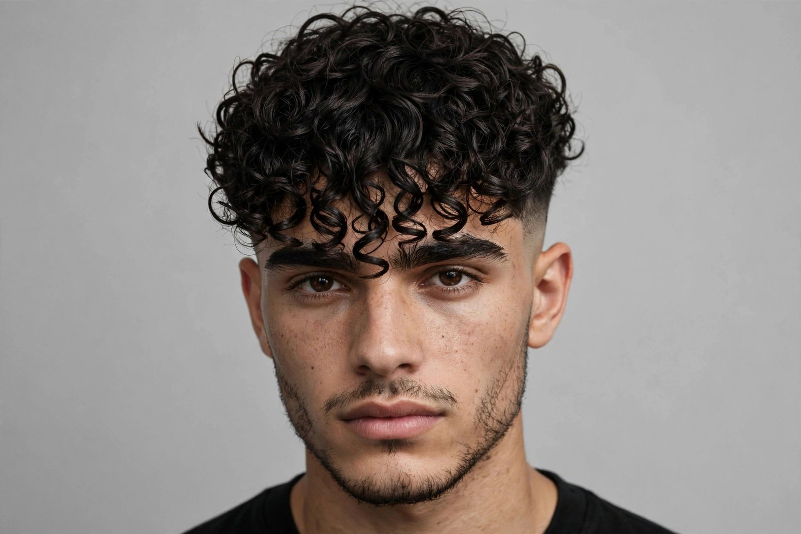 Curly Edgar cut men style with textured curls falling over the forehead