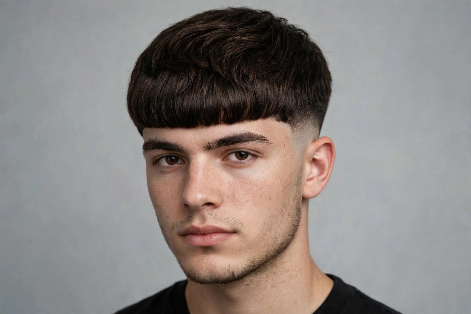 Edgar cut men with mid fade sides balancing the heavy fringe