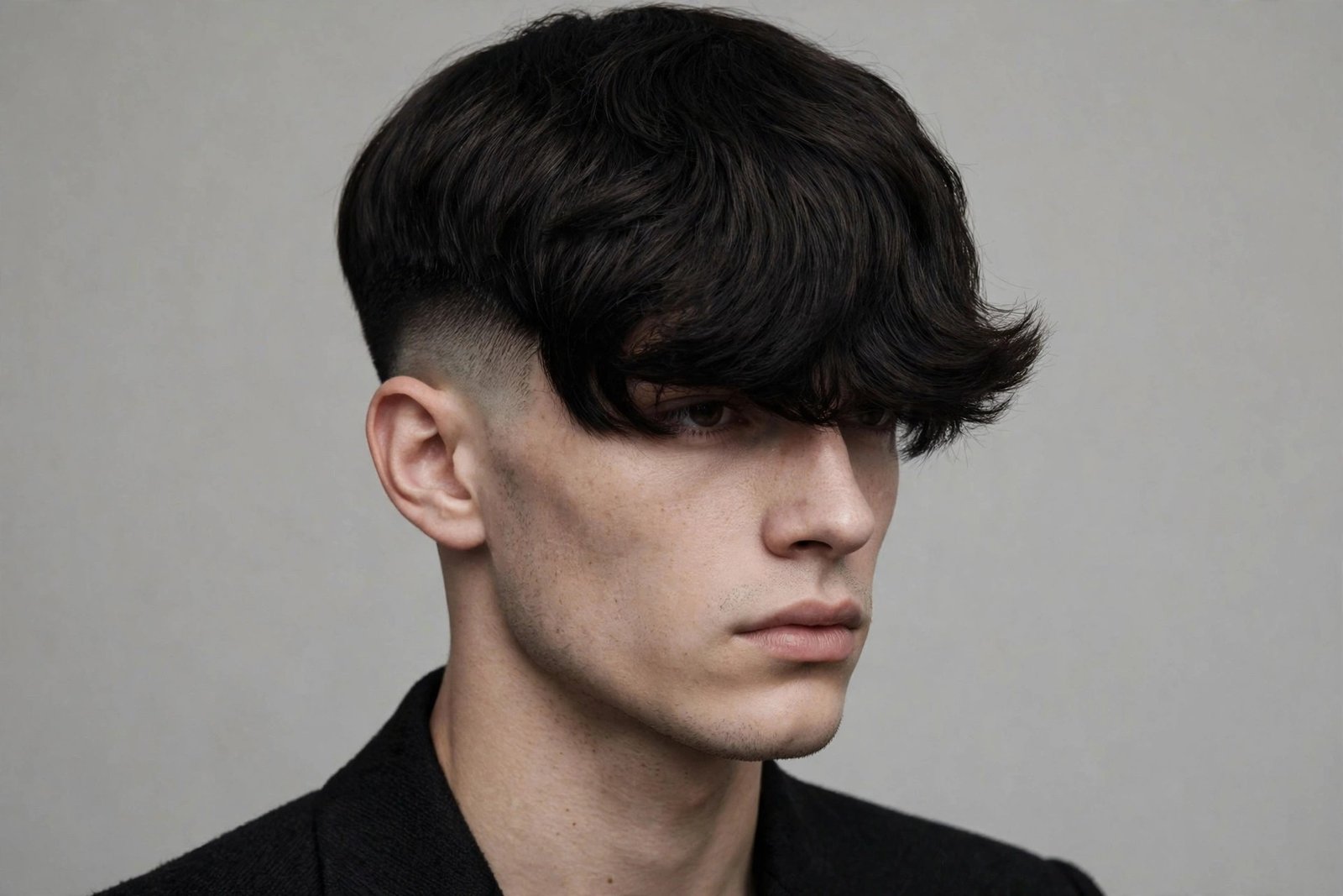 Long fringe Edgar cut men style with dramatic forward drape
