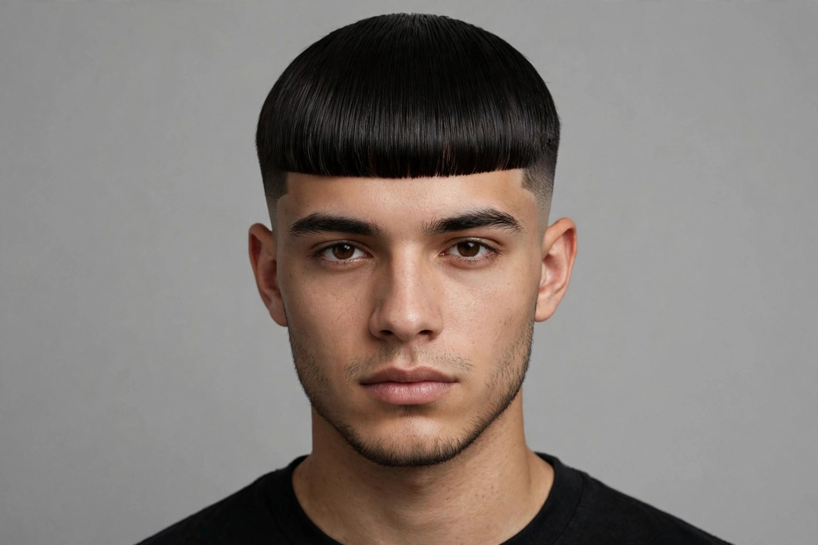 Straight hair Edgar cut men with sleek precise fringe line