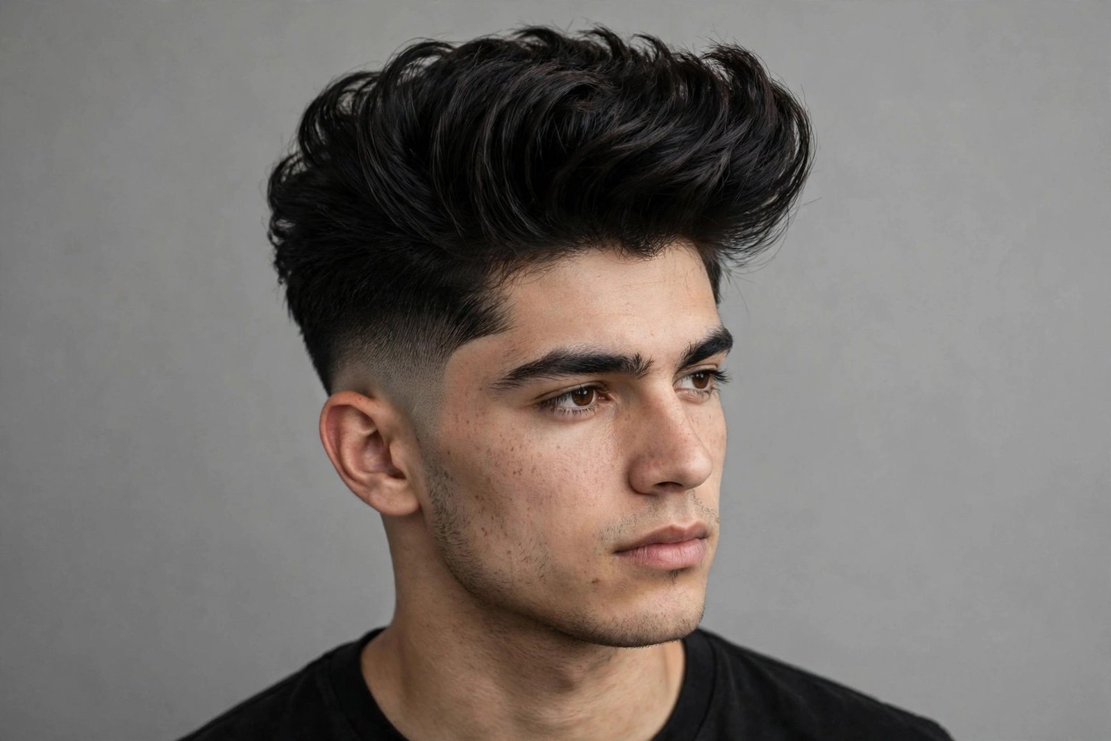 Edgar pompadour blend cut men with voluminous swept up fringe